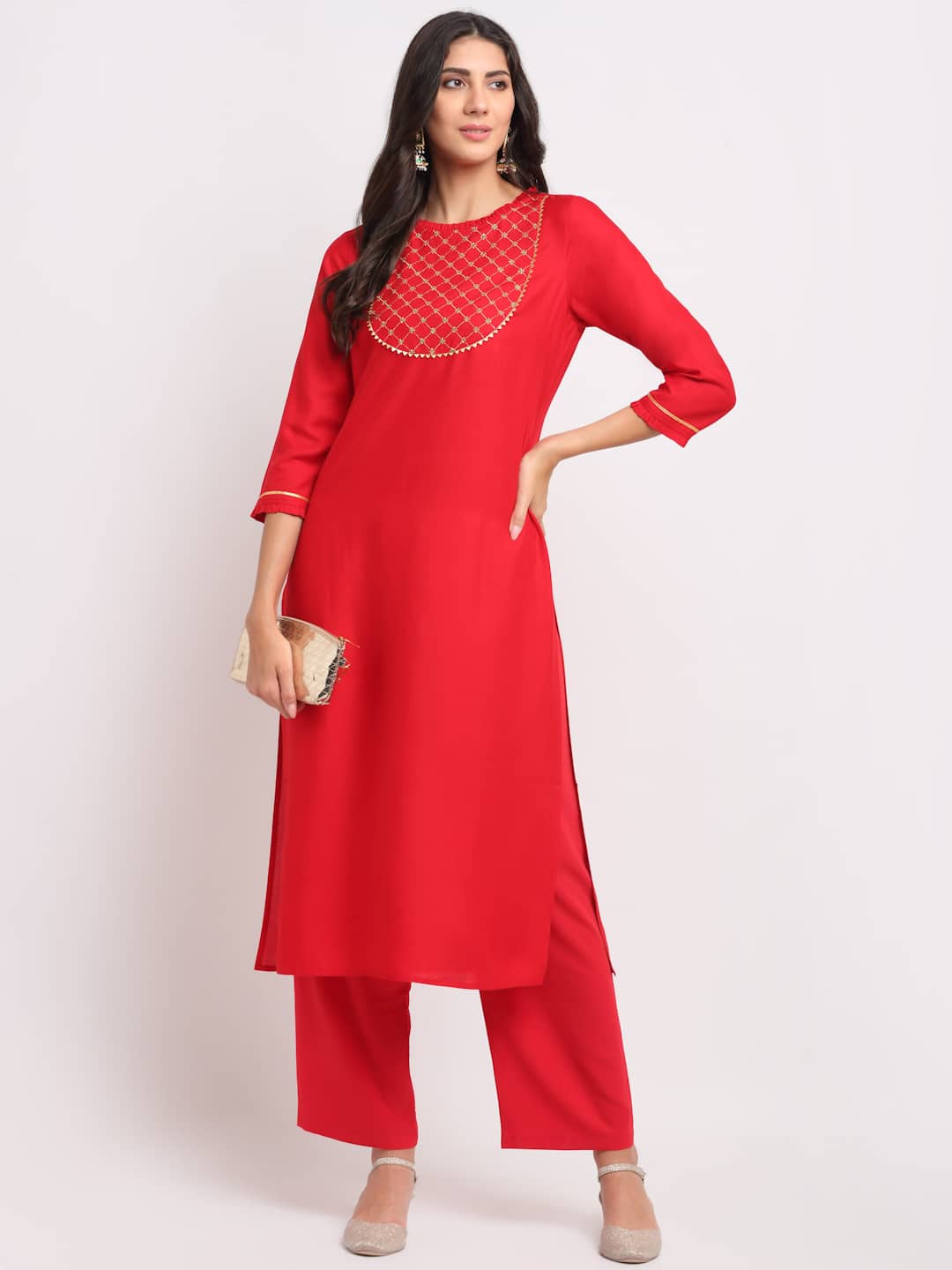 Blanc9 Grid Embroidered Yoke Kurti-B9FV07R