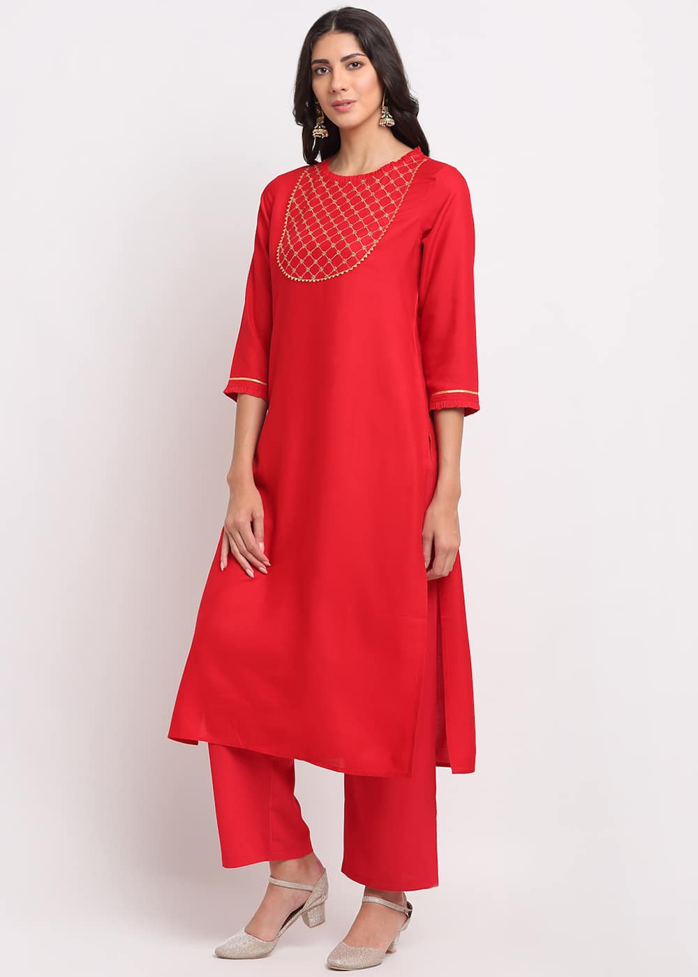 Blanc9 Grid Embroidered Yoke Kurti-B9FV07R