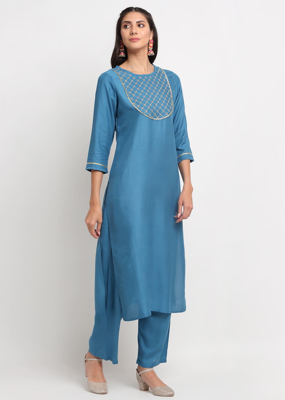 Blanc9 Grid Embroidered Yoke Kurti-B9FV07T