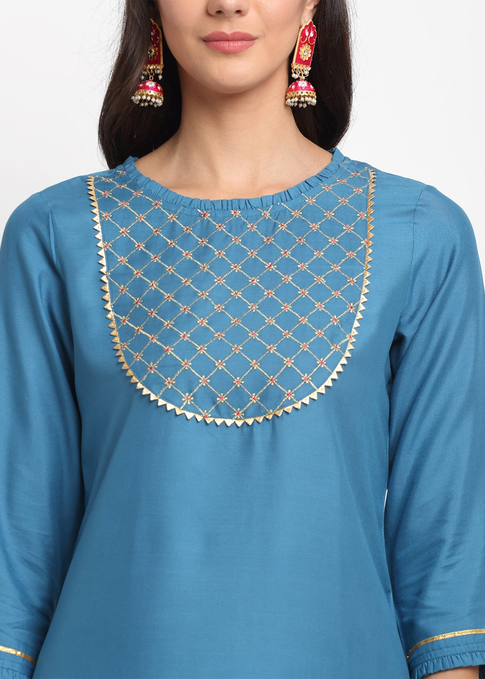 Blanc9 Grid Embroidered Yoke Kurti-B9FV07T