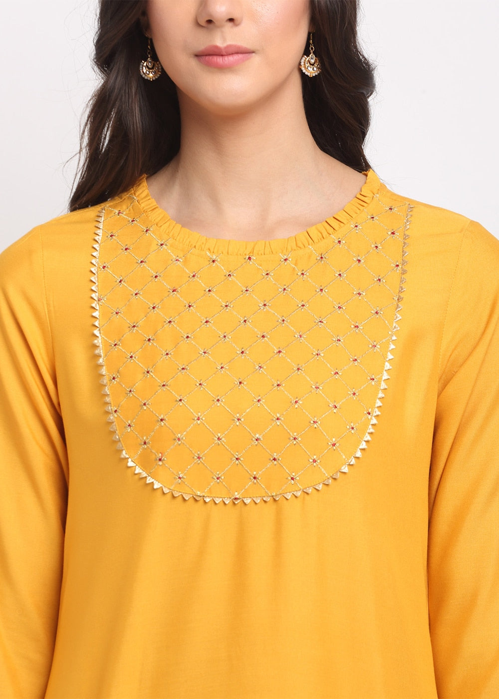 Blanc9 Grid Embroidered Yoke Kurti-B9FV07Y