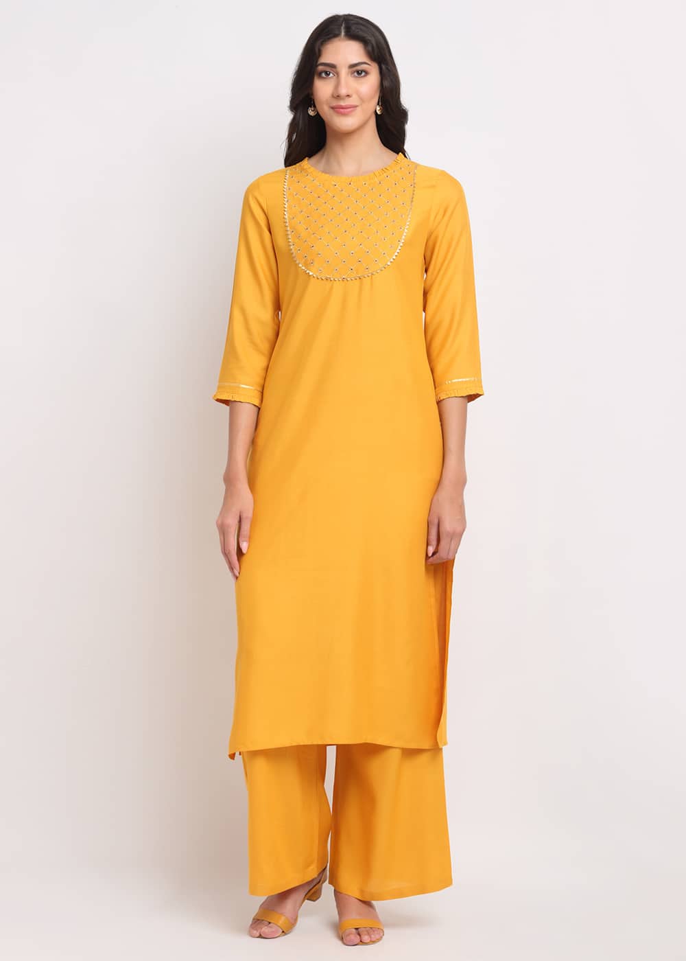 Blanc9 Grid Embroidered Yoke Kurti-B9FV07Y
