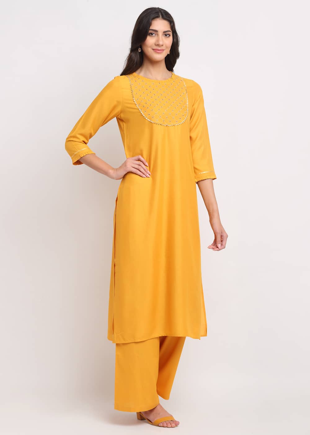 Blanc9 Grid Embroidered Yoke Kurti-B9FV07Y