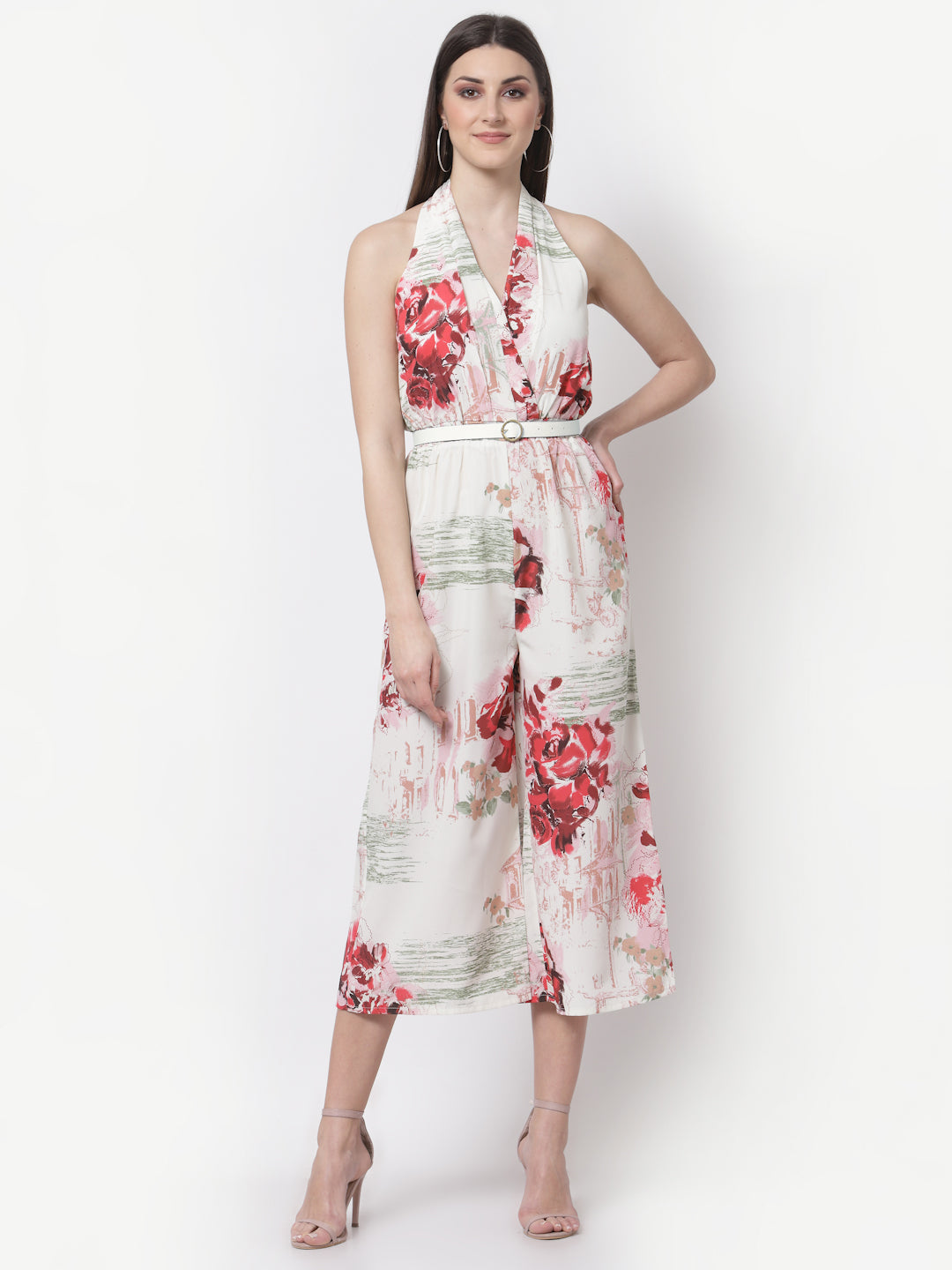 Blanc9 Halter Neck Floral Printed Jumpsuit With Belt-B9DR93