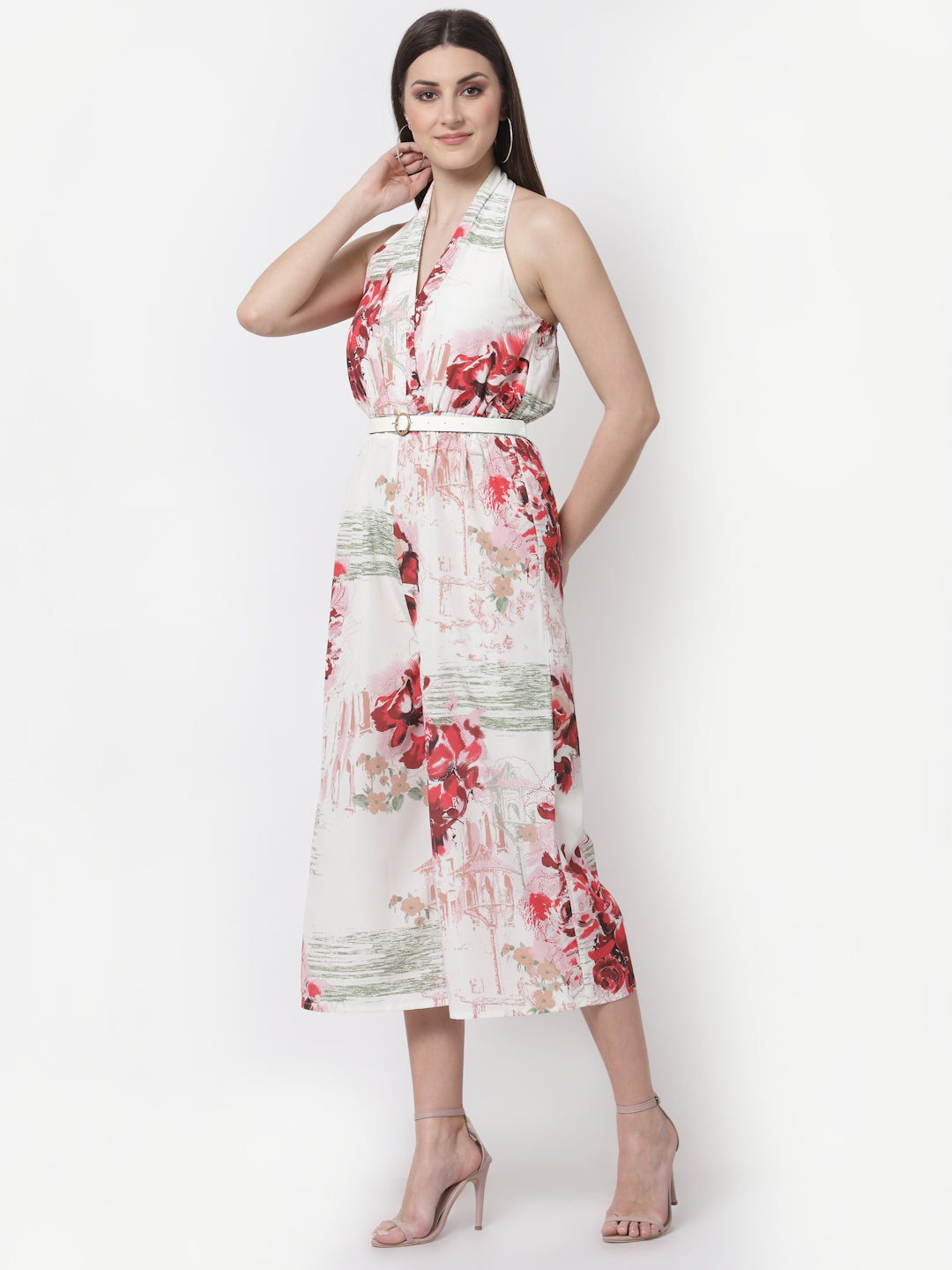 Blanc9 Halter Neck Floral Printed Jumpsuit With Belt-B9DR93