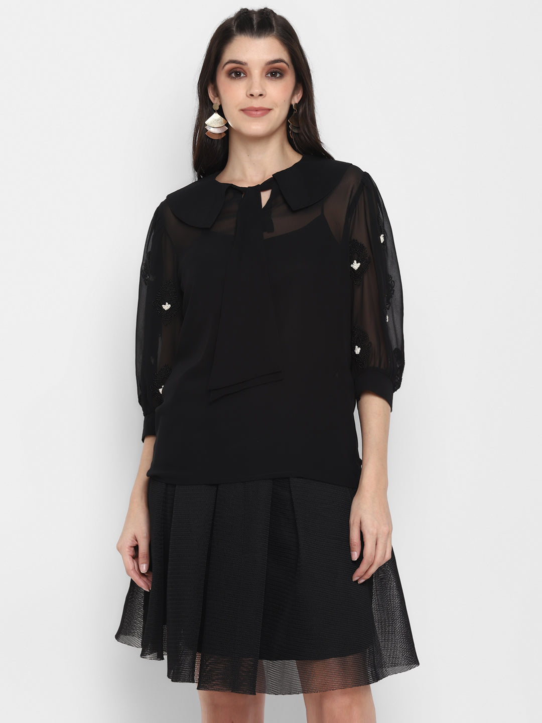 Blanc9 Hand Embroidered with Black Beaded Embellishments Elegant Top-B9TP66