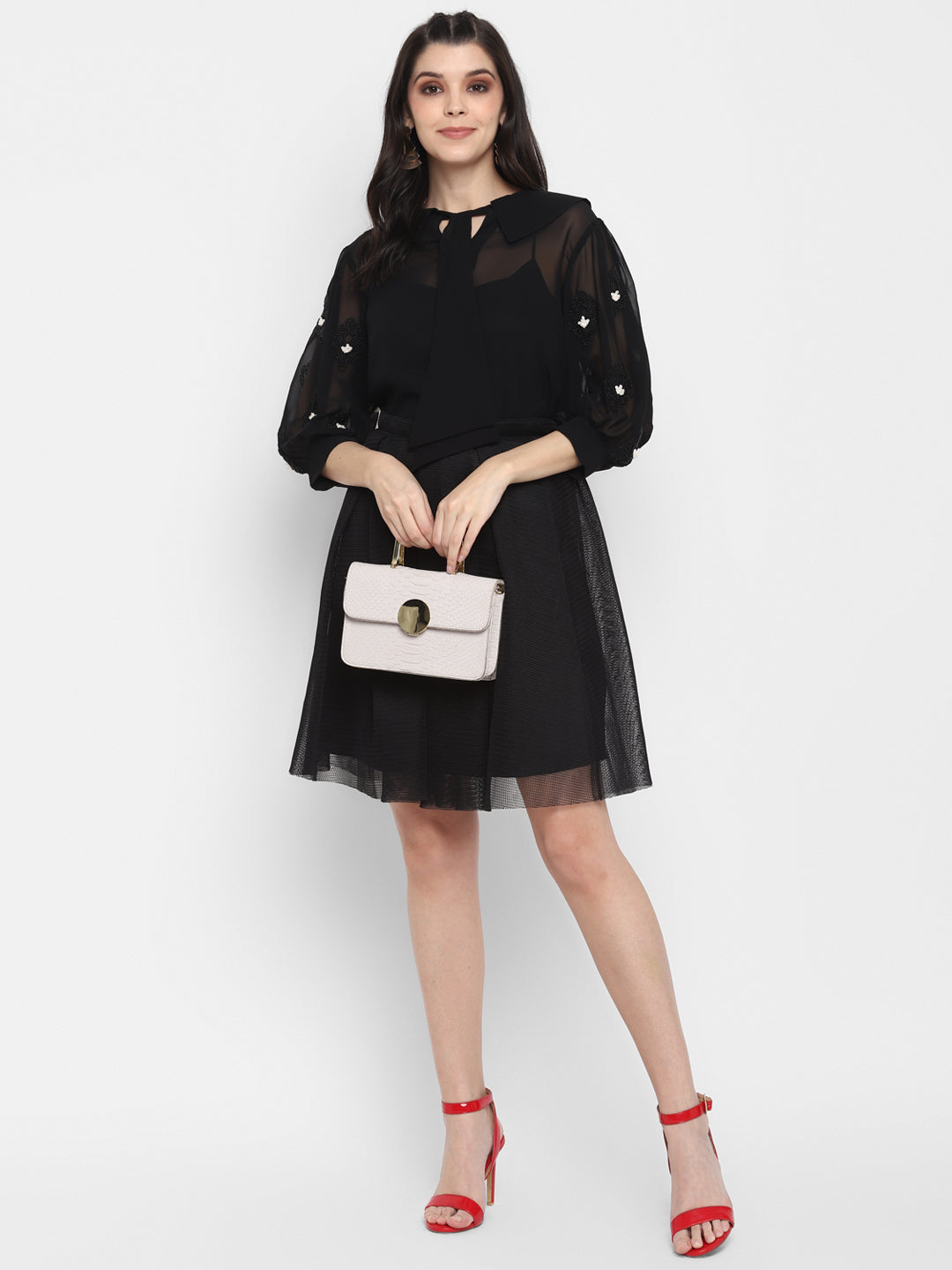 Blanc9 Hand Embroidered with Black Beaded Embellishments Elegant Top-B9TP66