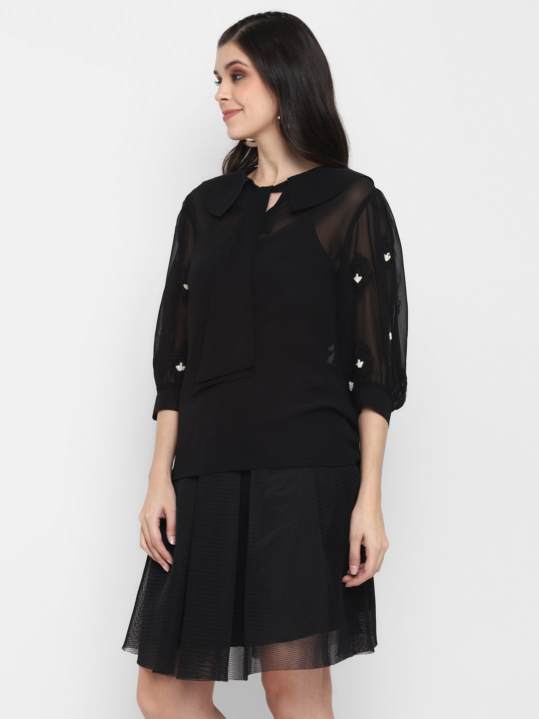Blanc9 Hand Embroidered with Black Beaded Embellishments Elegant Top-B9TP66