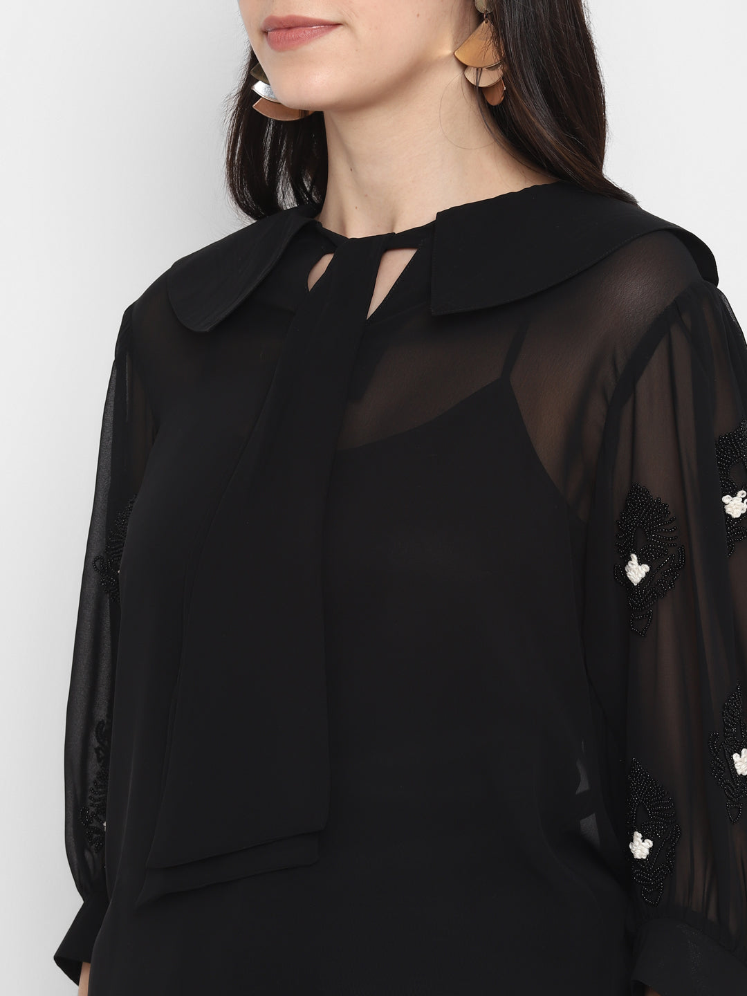 Blanc9 Hand Embroidered with Black Beaded Embellishments Elegant Top-B9TP66