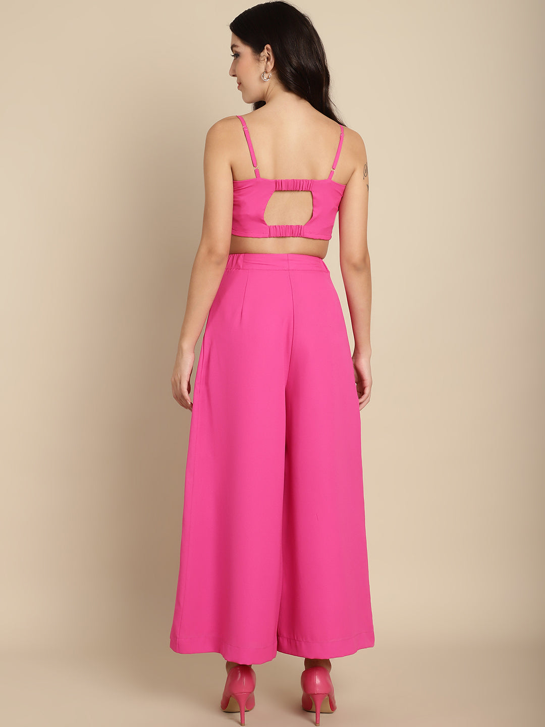 Hot Pink Blazer Trouser Set With Crop Top