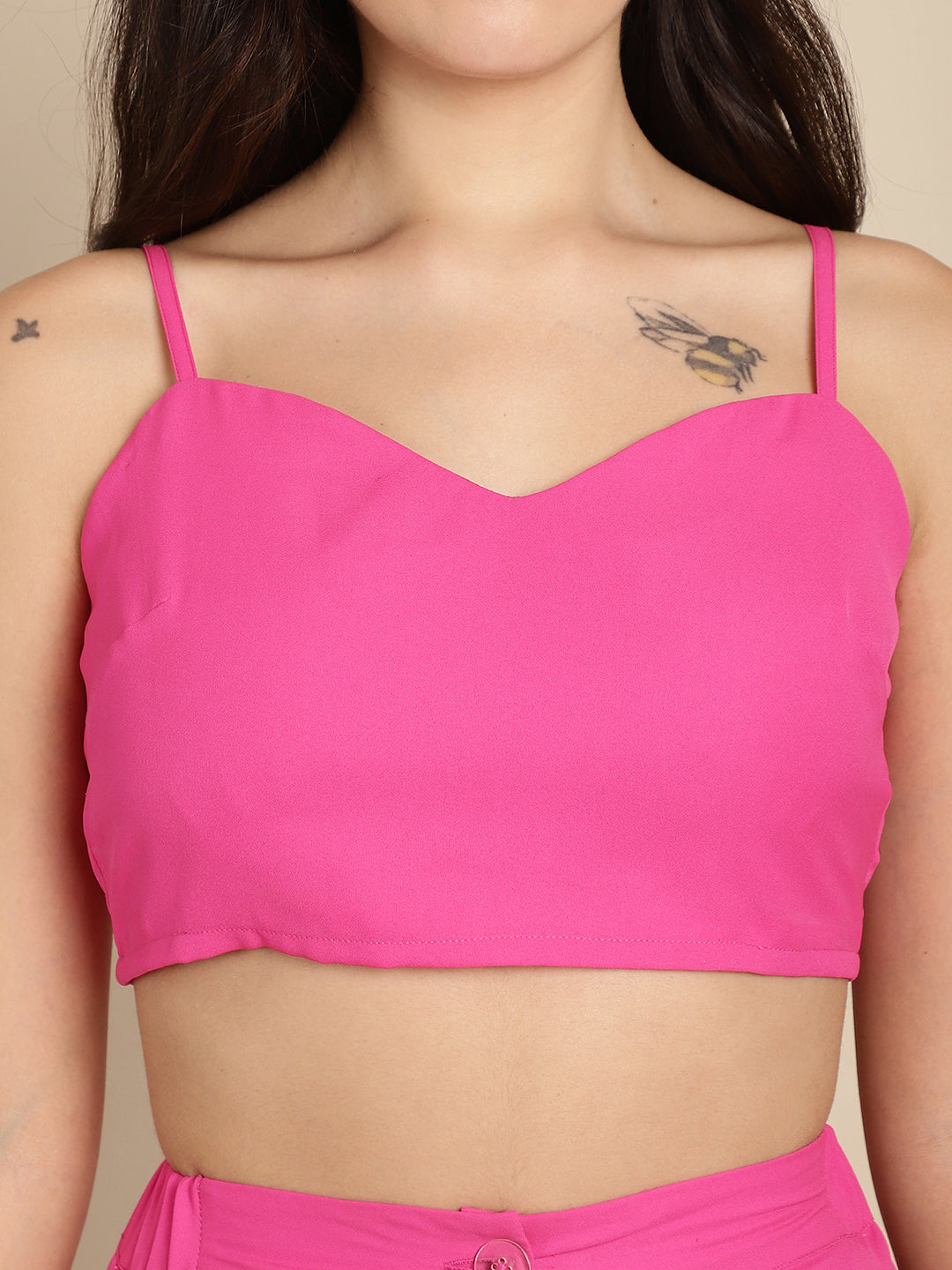 Hot Pink Blazer Trouser Set With Crop Top