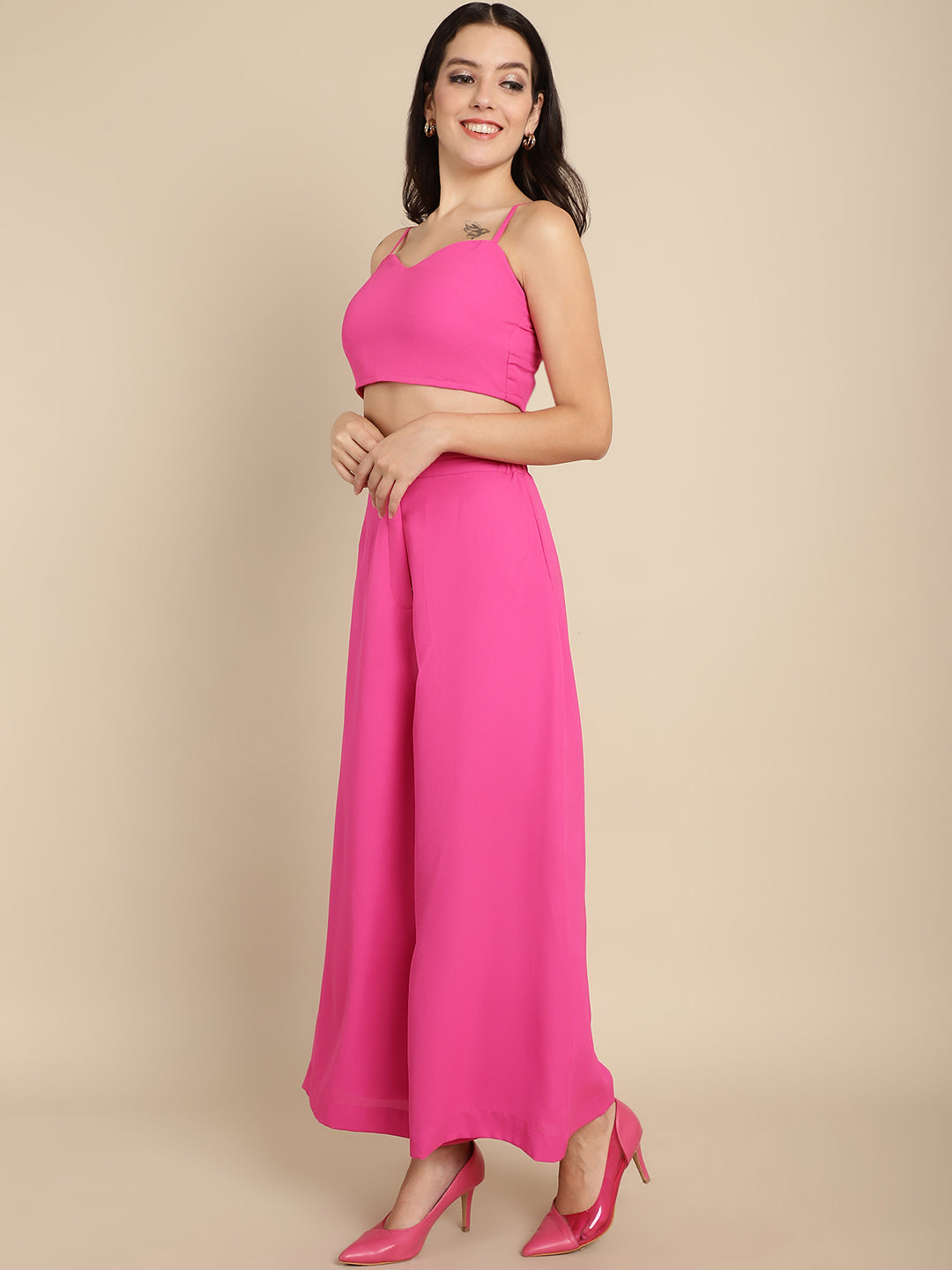 Hot Pink Blazer Trouser Set With Crop Top