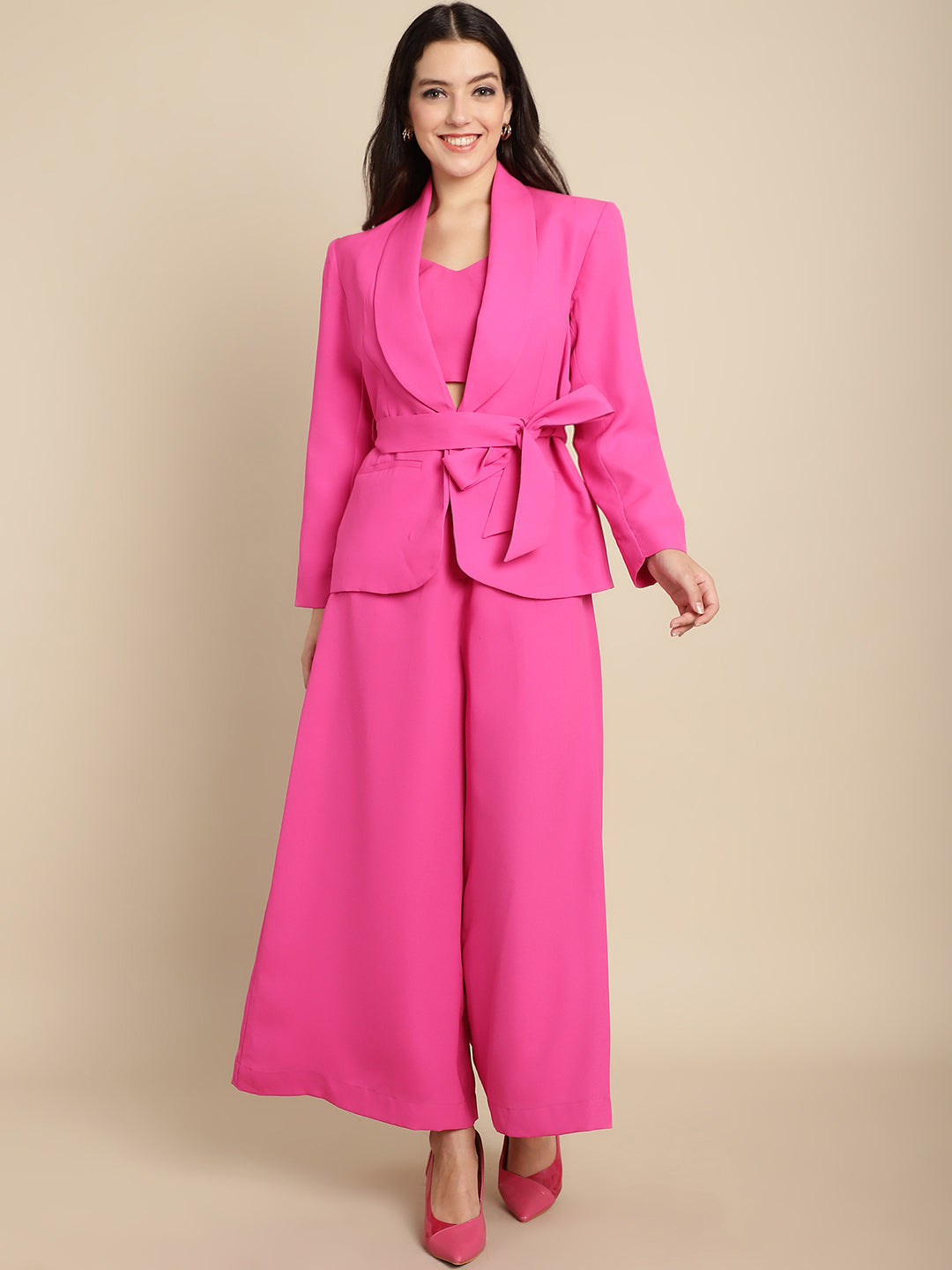 Hot Pink Blazer Trouser Set With Crop Top