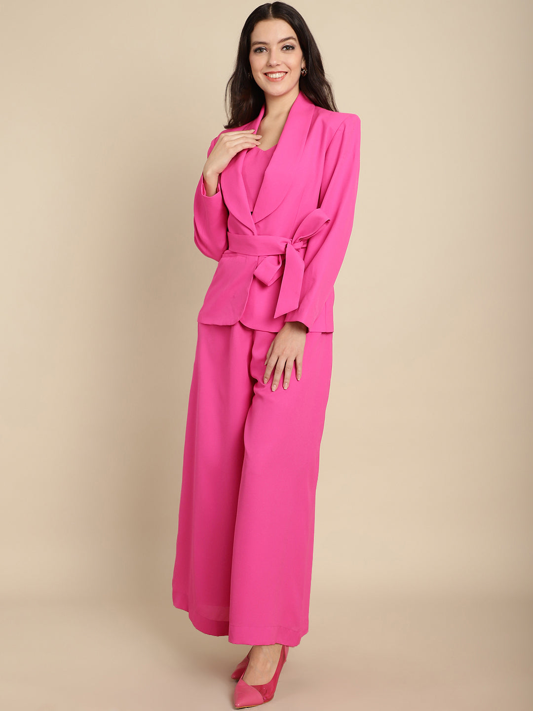 Hot Pink Blazer Trouser Set With Crop Top