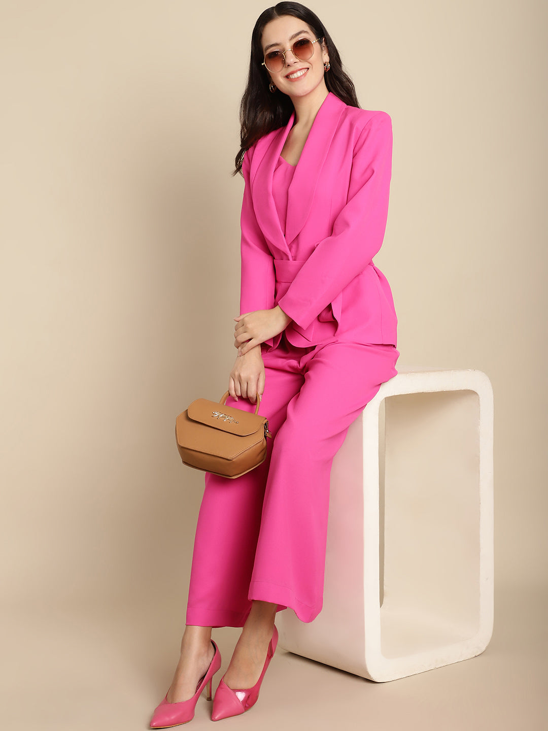 Hot Pink Blazer Trouser Set With Crop Top