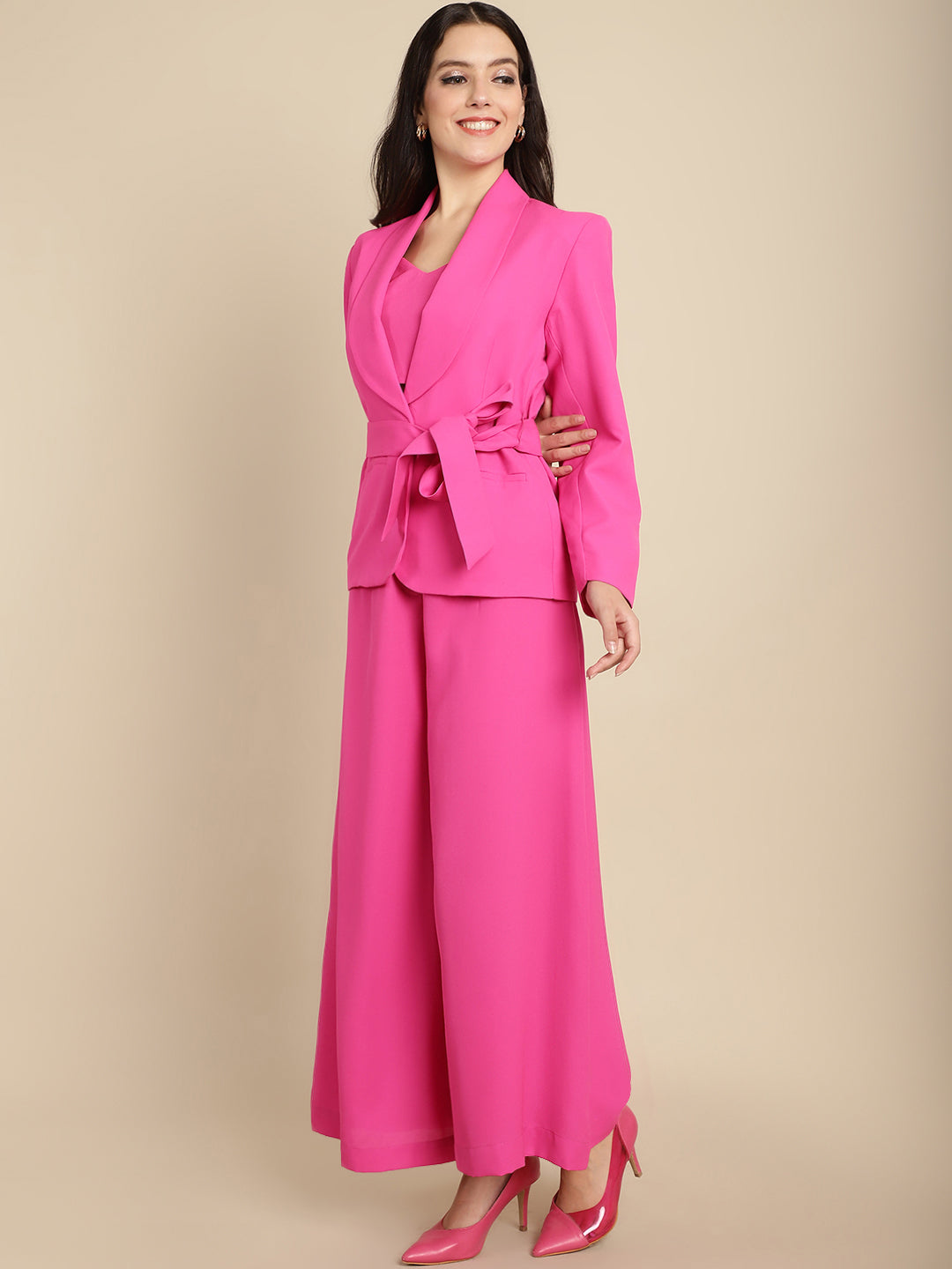 Hot Pink Blazer Trouser Set With Crop Top