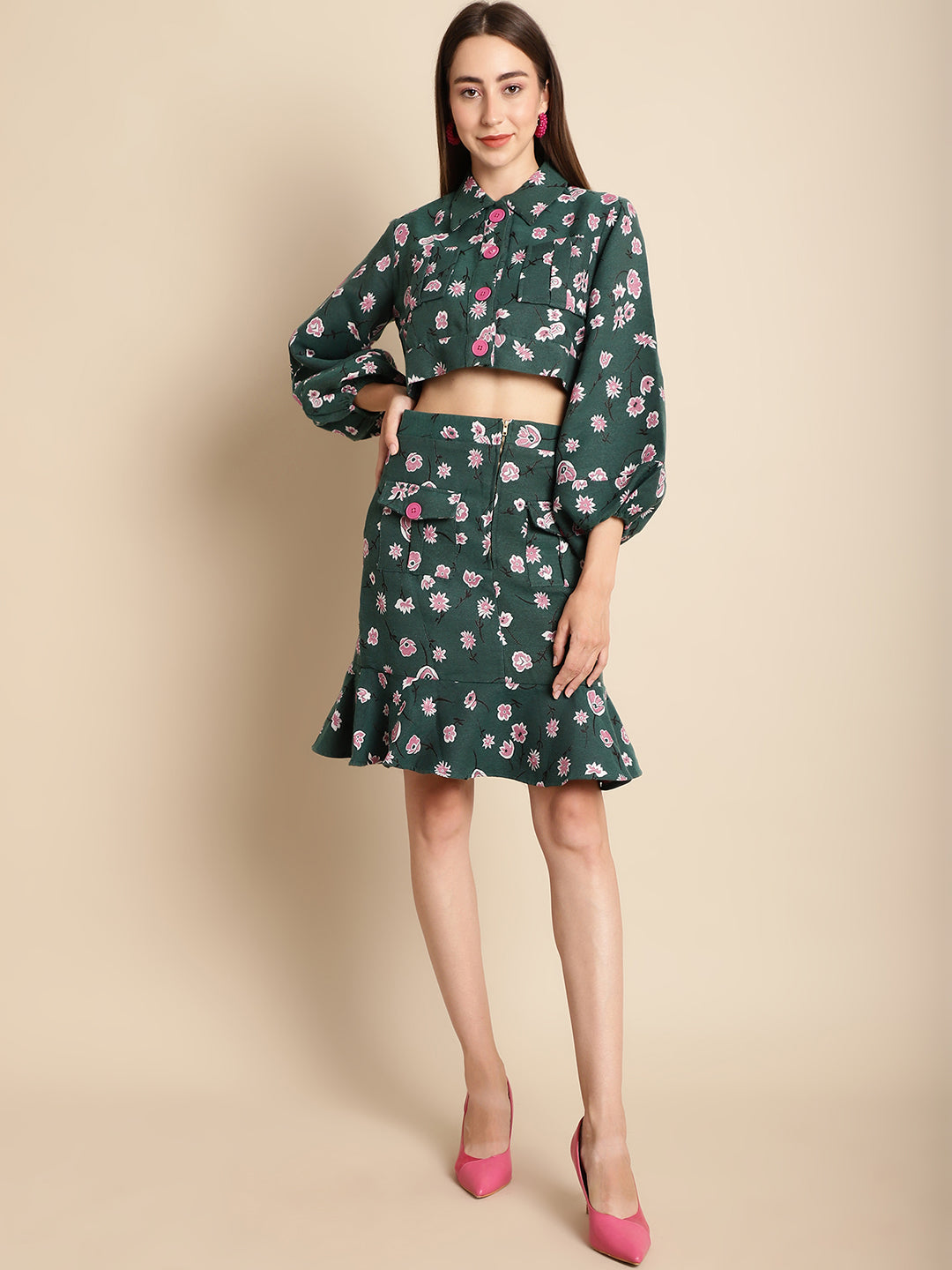 Jacquard Green Floral Jacket With Skirt Co Ord Set