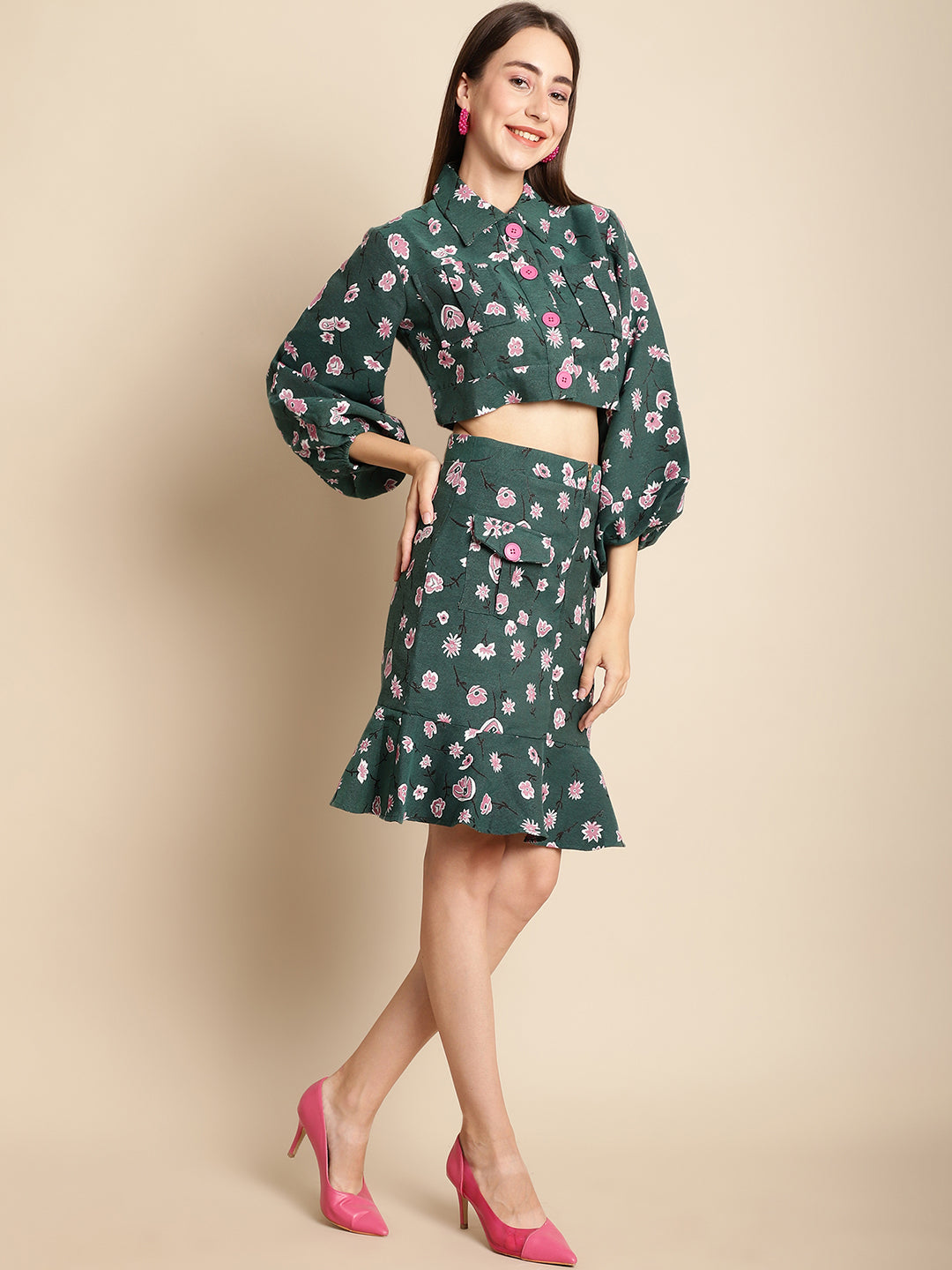 Blanc9 Jacquard Green Floral Jacket With Skirt Co-Ord Set-B9ST04