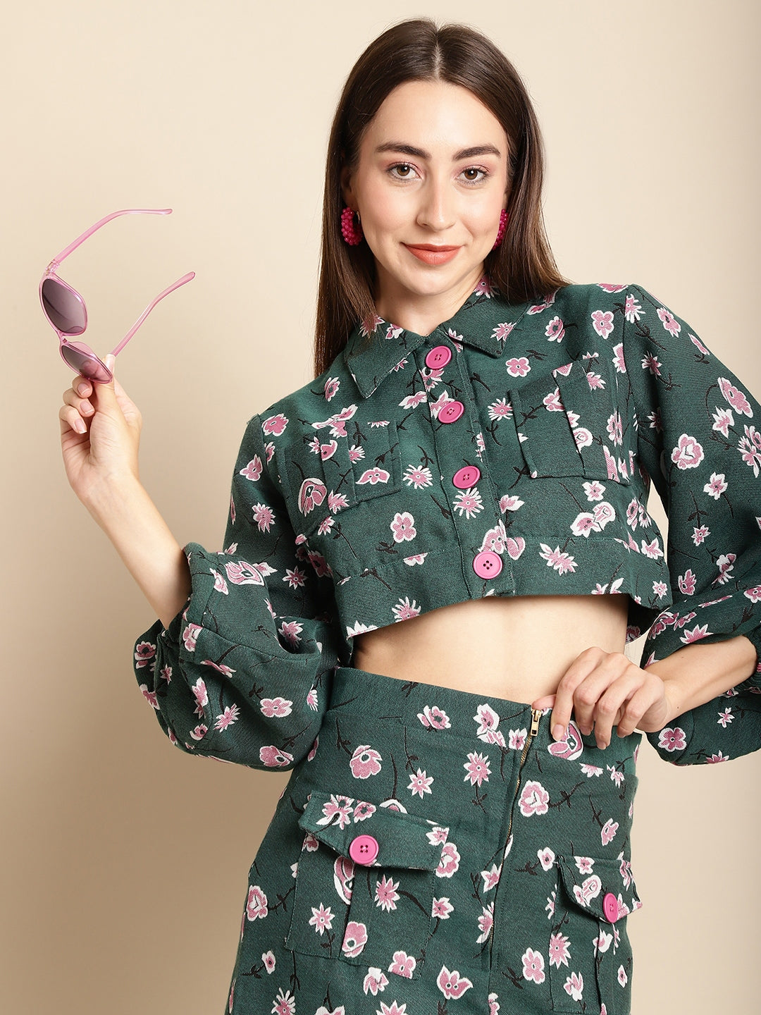 Blanc9 Jacquard Green Floral Jacket With Skirt Co-Ord Set-B9ST04