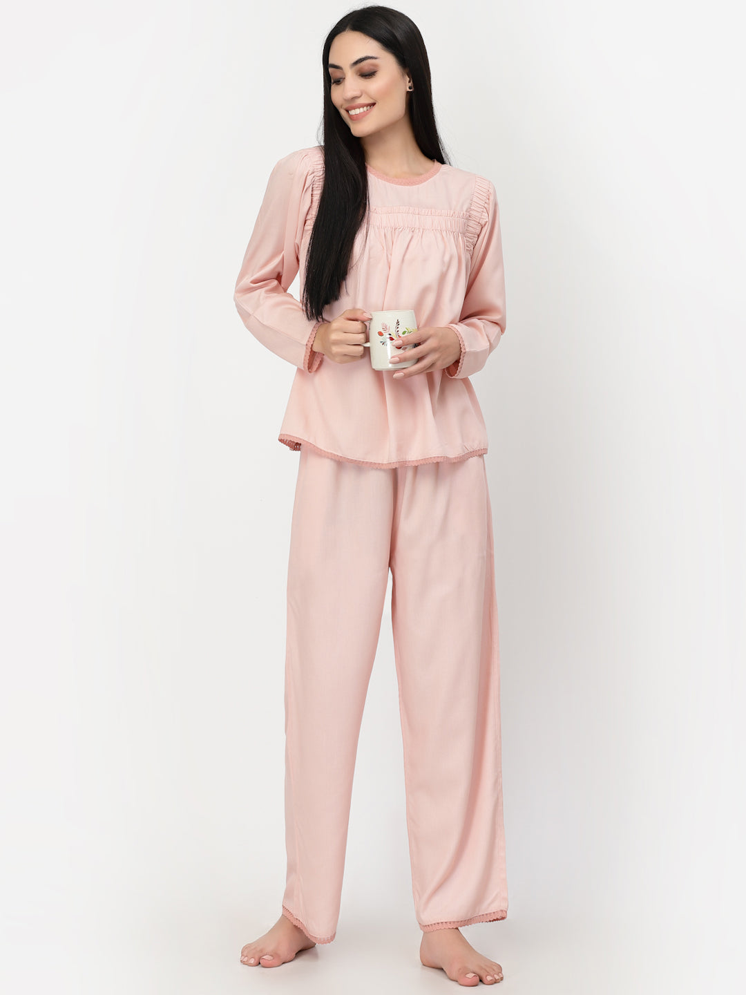 Blanc9 Laced Cotton Top With Pyjama Set-B9NW72