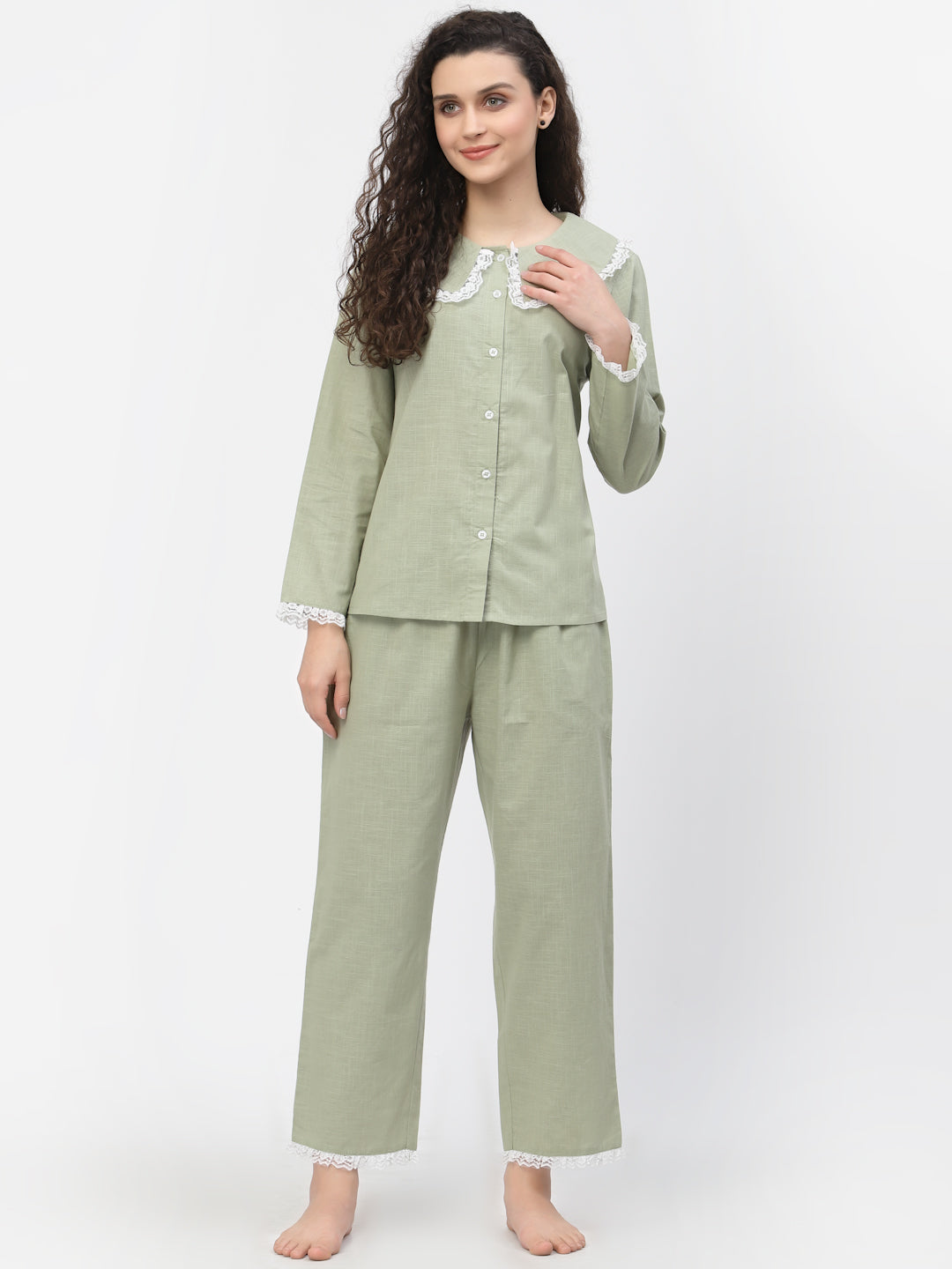 Blanc9 Lacy Cotton Green Pretty Pyjama Night Suit-B9NW41GN