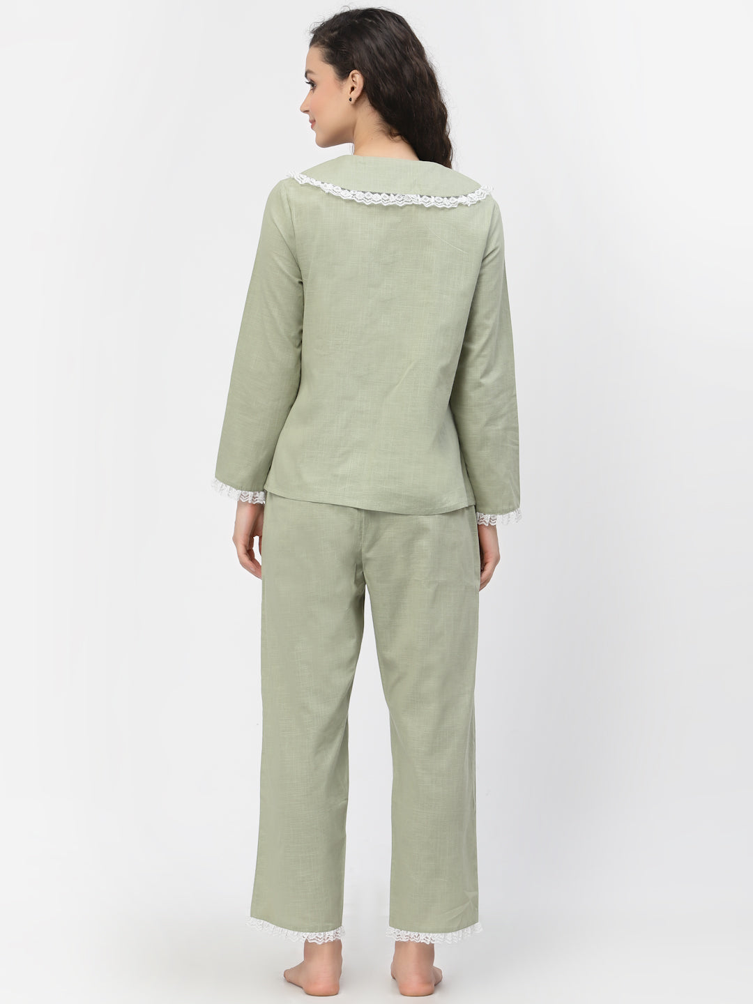 Blanc9 Lacy Cotton Green Pretty Pyjama Night Suit-B9NW41GN