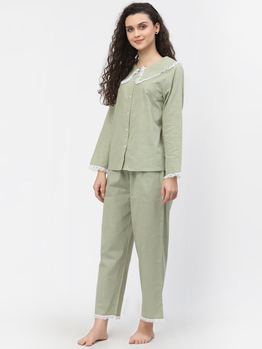 Blanc9 Lacy Cotton Green Pretty Pyjama Night Suit-B9NW41GN