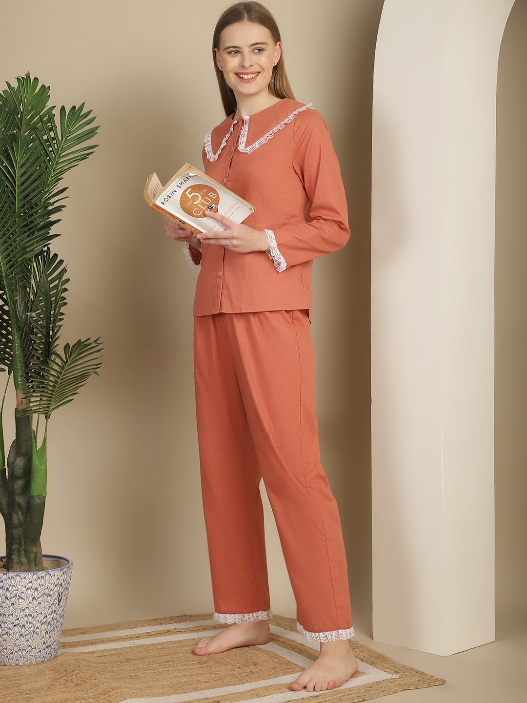 Blanc9LacyCottonOrangePrettyPyjamaNightSuit-B9NW41O