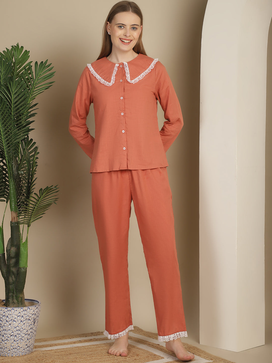 Blanc9LacyCottonOrangePrettyPyjamaNightSuit-B9NW41O