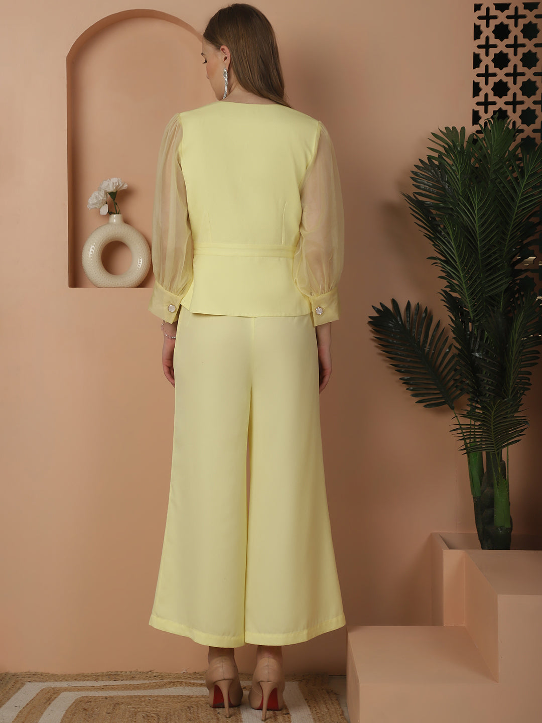 Blanc9LemonYellowDoubleBreastedOrganzaSleevesTop_TrouserCo-ordSet