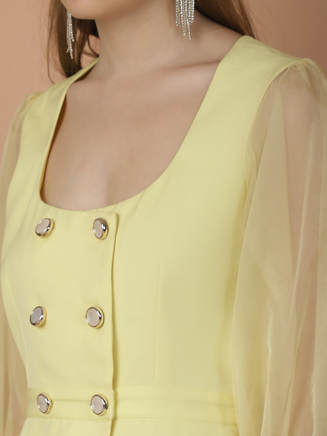 Blanc9LemonYellowDoubleBreastedOrganzaSleevesTop_TrouserCo-ordSet