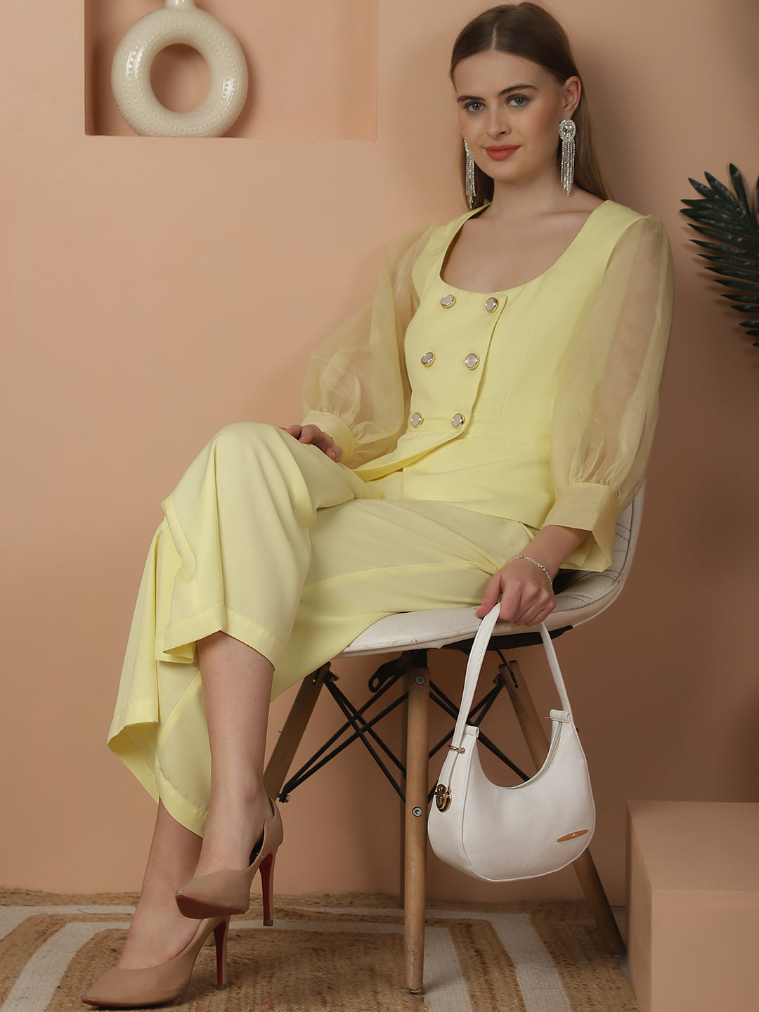 Blanc9LemonYellowDoubleBreastedOrganzaSleevesTop_TrouserCo-ordSet