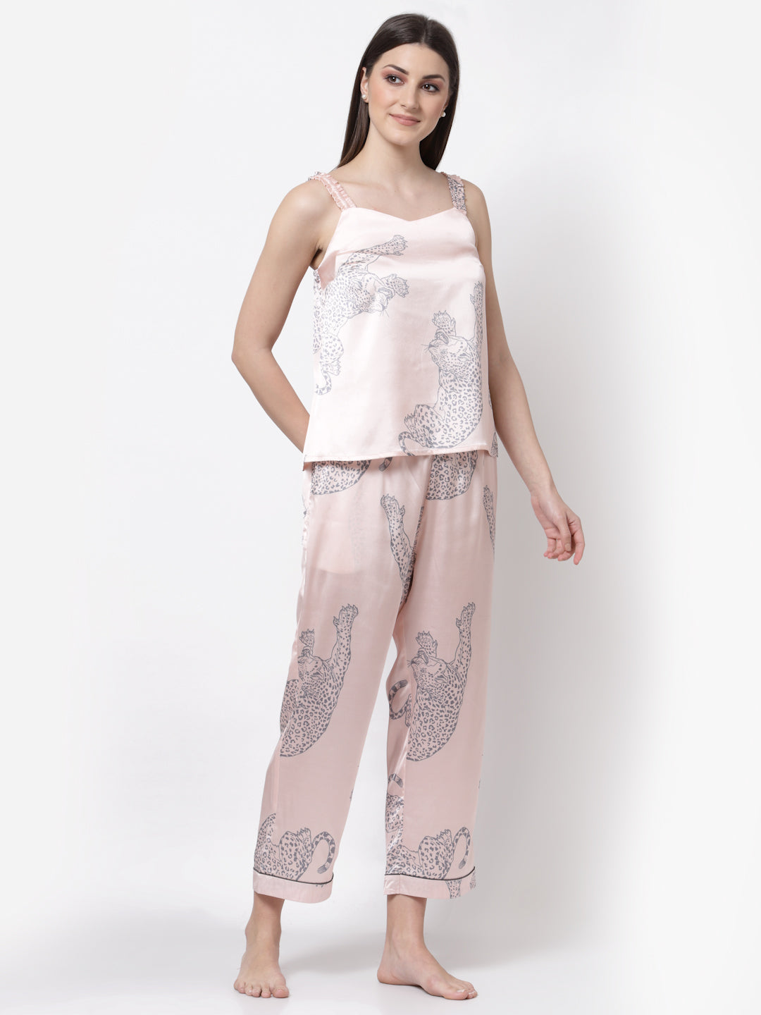 Blanc9 Leopard Printed Peach And Grey Pyjama Night Suit-B9NW38P