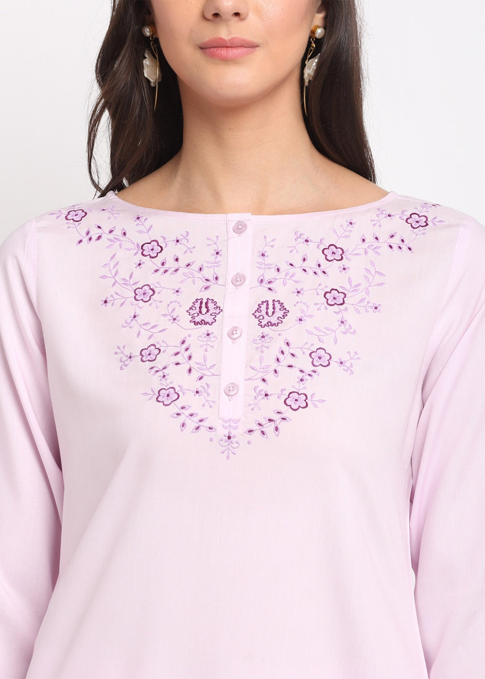 Blanc9 Lilac Neck Embroidery Kurti-B9EW25