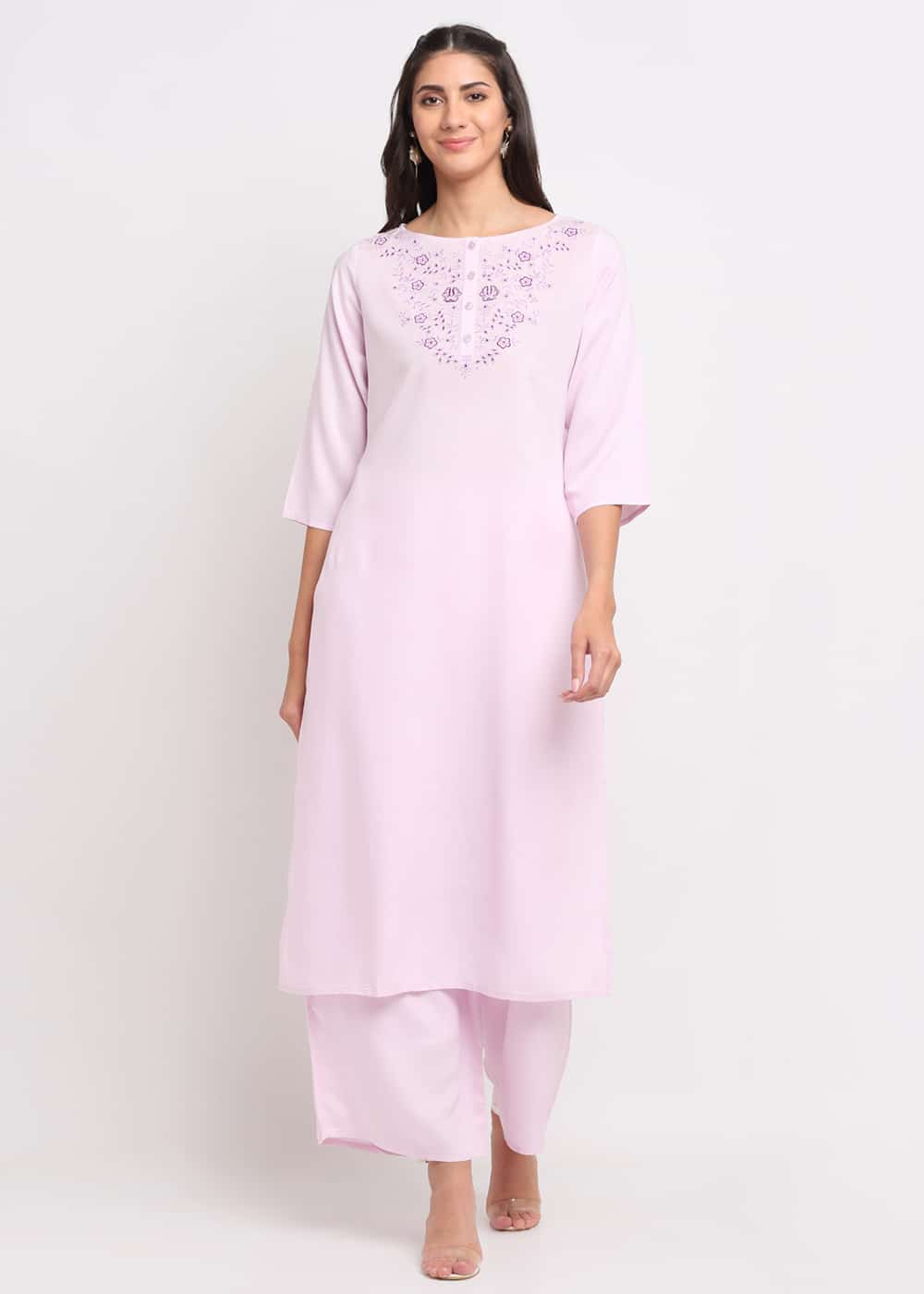 Blanc9 Lilac Neck Embroidery Kurti-B9EW25