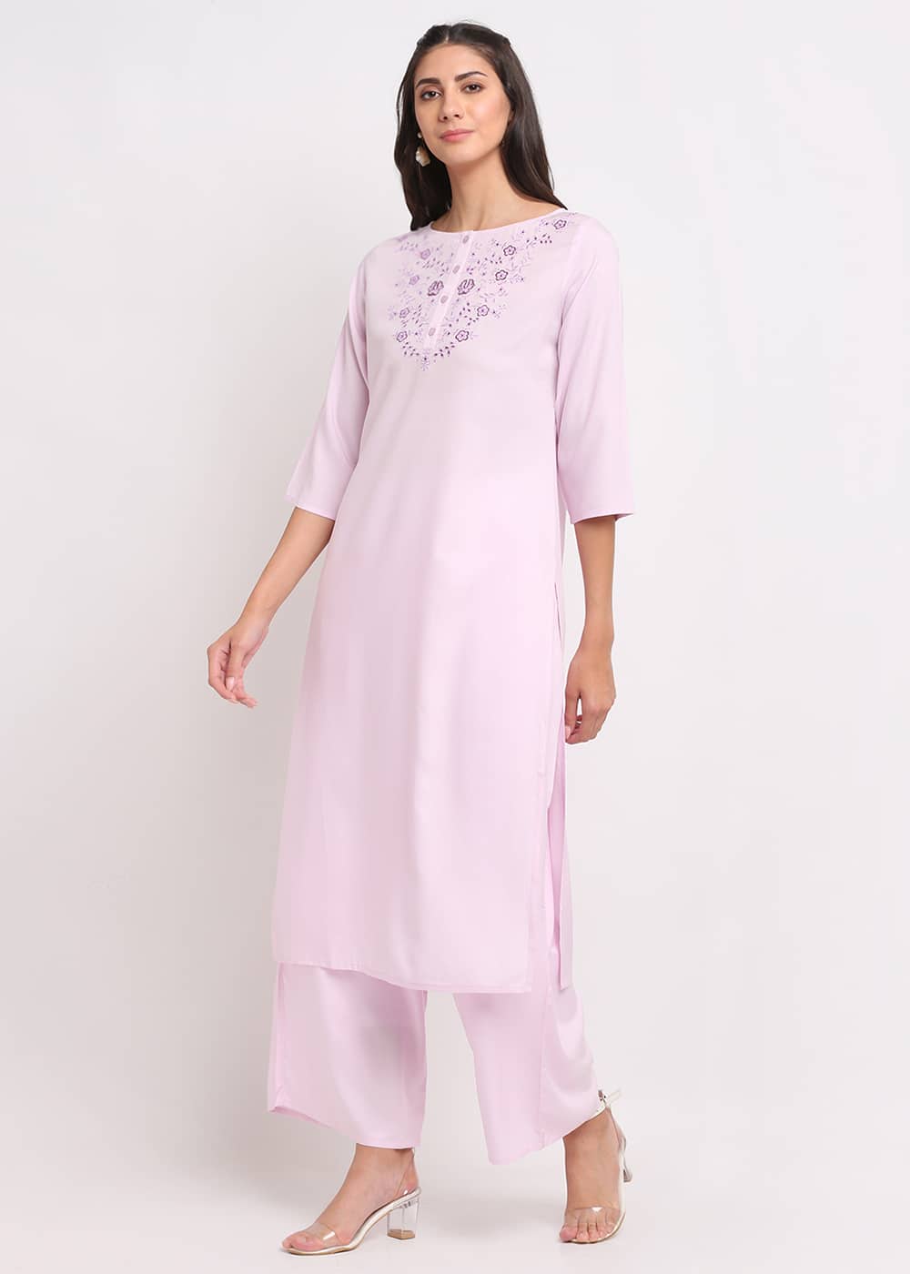 Blanc9 Lilac Neck Embroidery Kurti-B9EW25