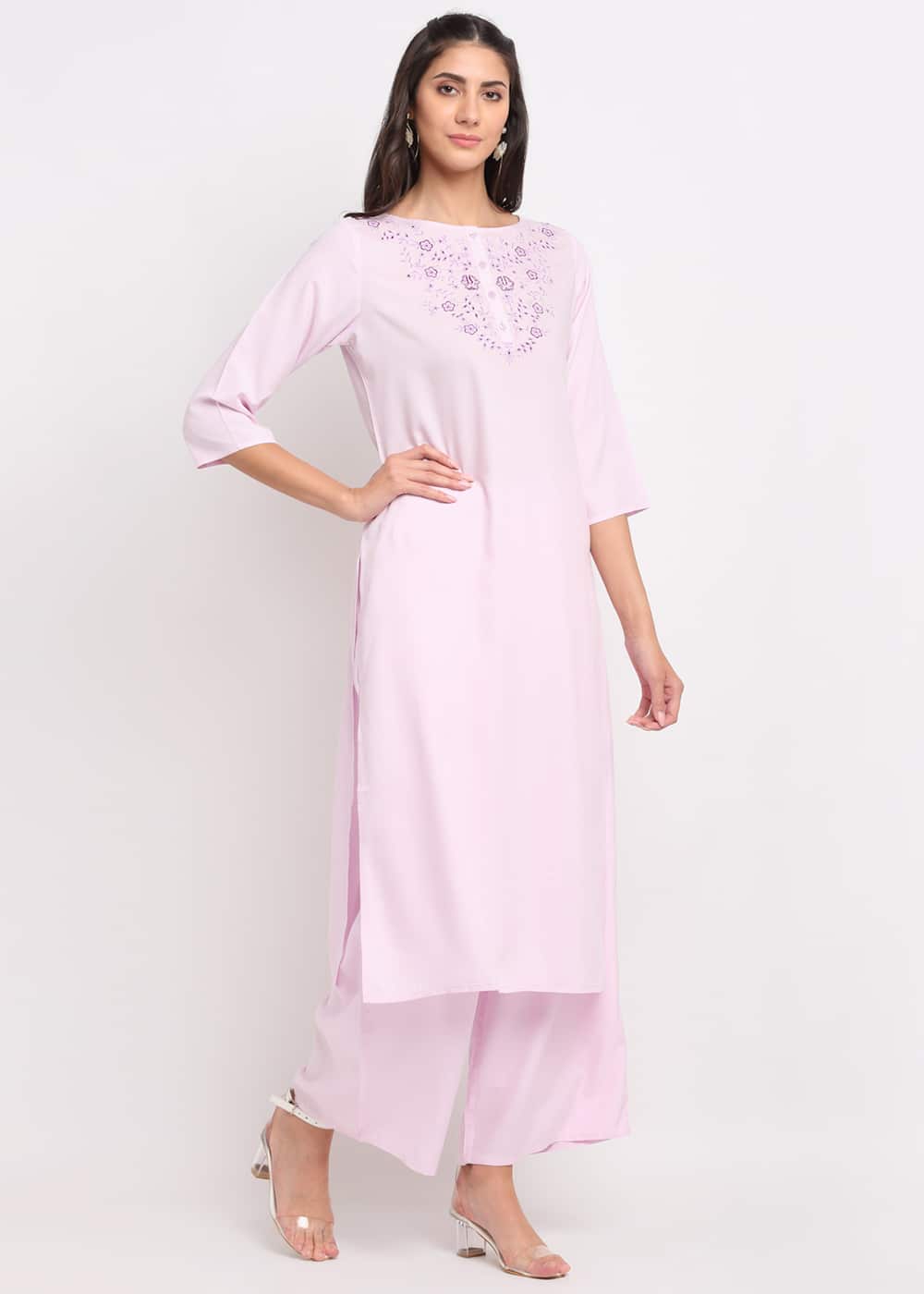 Blanc9 Lilac Neck Embroidery Kurti-B9EW25