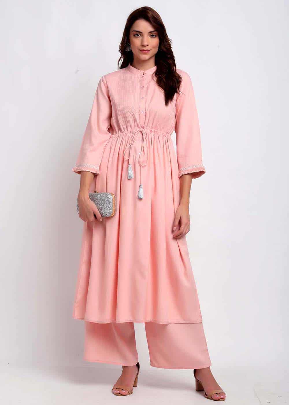 Blanc9 Lurex Detailed Peach Kurti-B9EW43