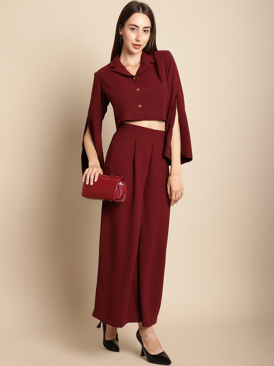 Blanc9 Maroon Cropped Blazer Pants Co-Ord Set-B9ST75