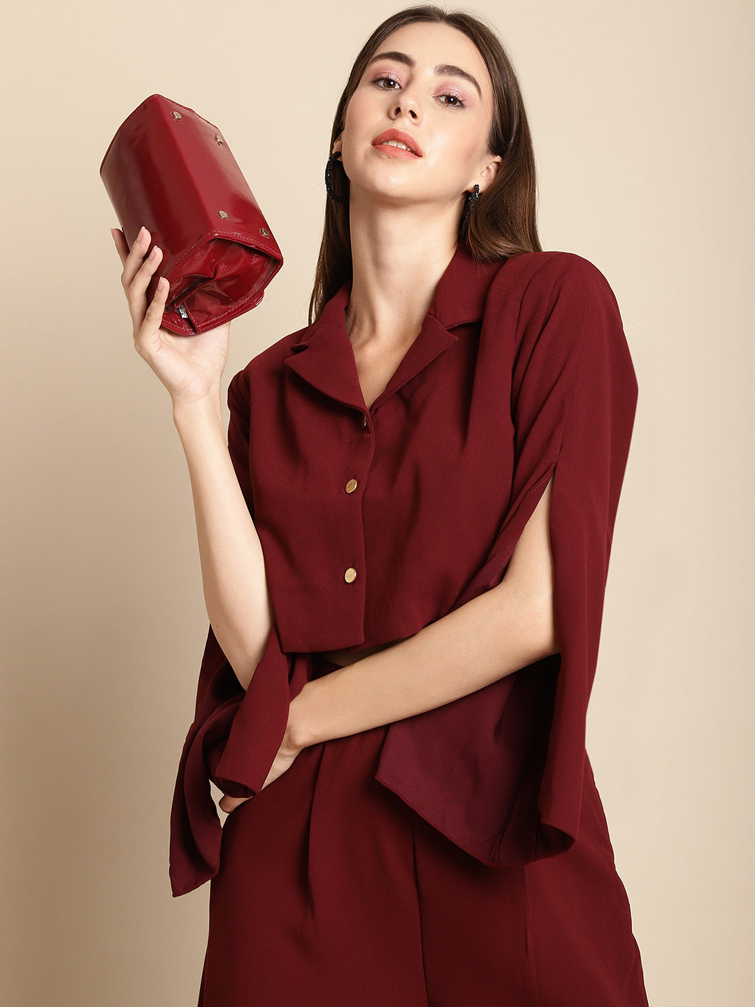 Blanc9 Maroon Cropped Blazer Pants Co-Ord Set-B9ST75