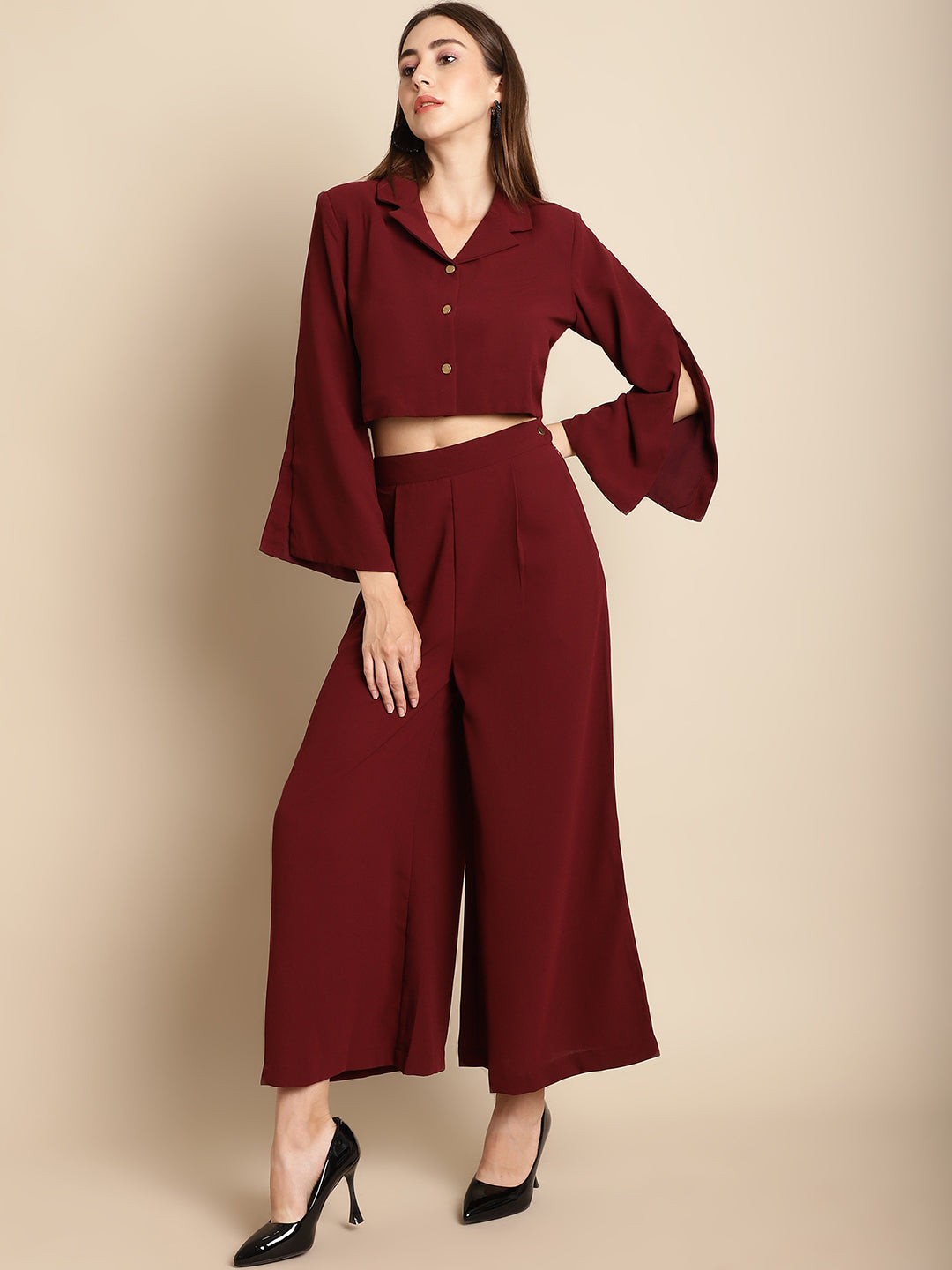 Blanc9 Maroon Cropped Blazer Pants Co-Ord Set-B9ST75