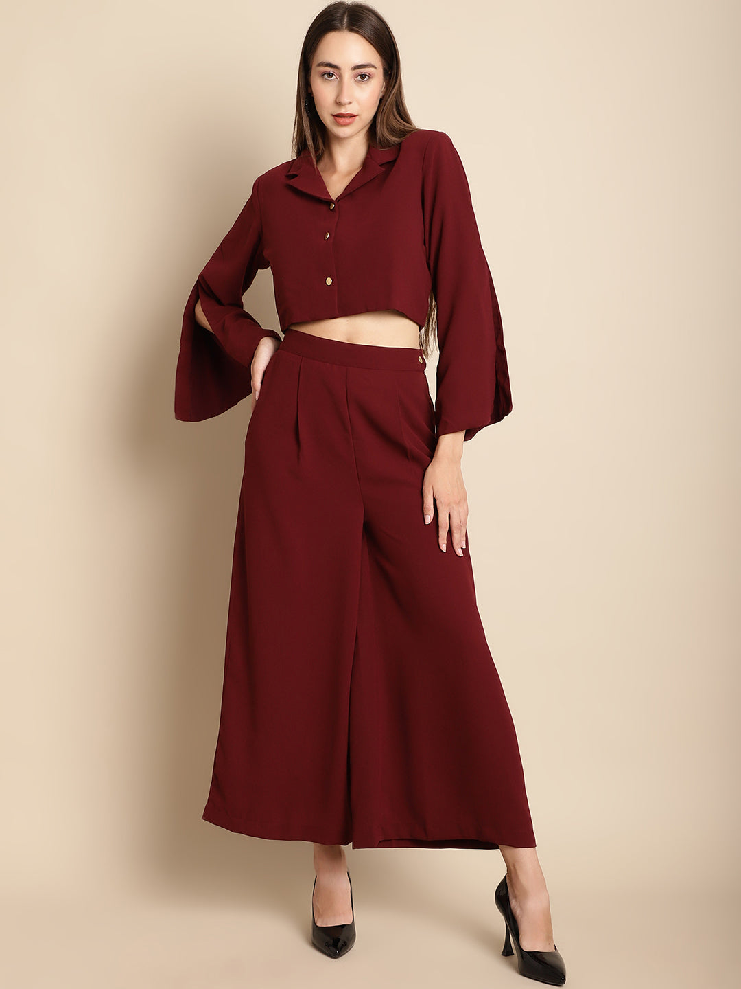 Blanc9 Maroon Cropped Blazer Pants Co-Ord Set-B9ST75