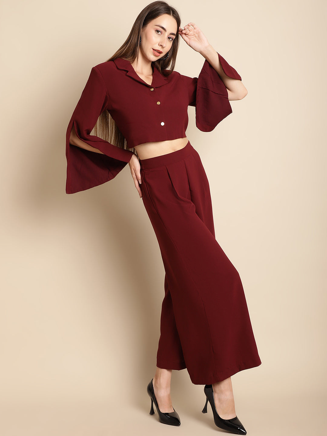 Blanc9 Maroon Cropped Blazer Pants Co-Ord Set-B9ST75