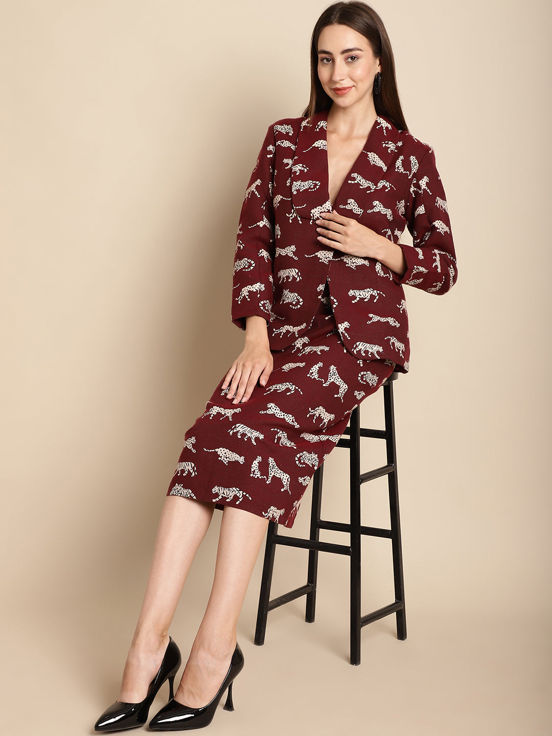 Blanc9 Maroon Tiger Patterned Coat With Long Skirt Co-Ord Set-B9ST02A