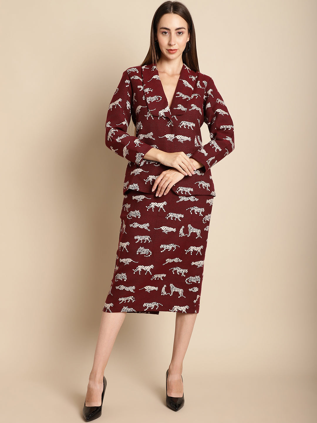 Blanc9 Maroon Tiger Patterned Coat With Long Skirt Co-Ord Set-B9ST02A