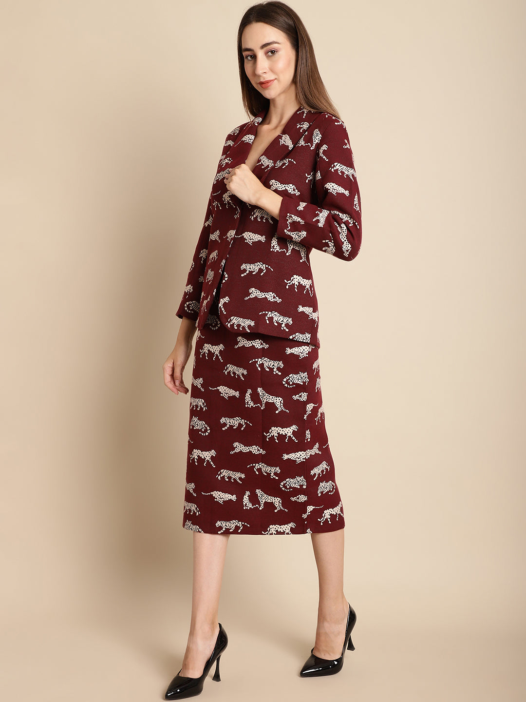 Blanc9 Maroon Tiger Patterned Coat With Long Skirt Co-Ord Set-B9ST02A
