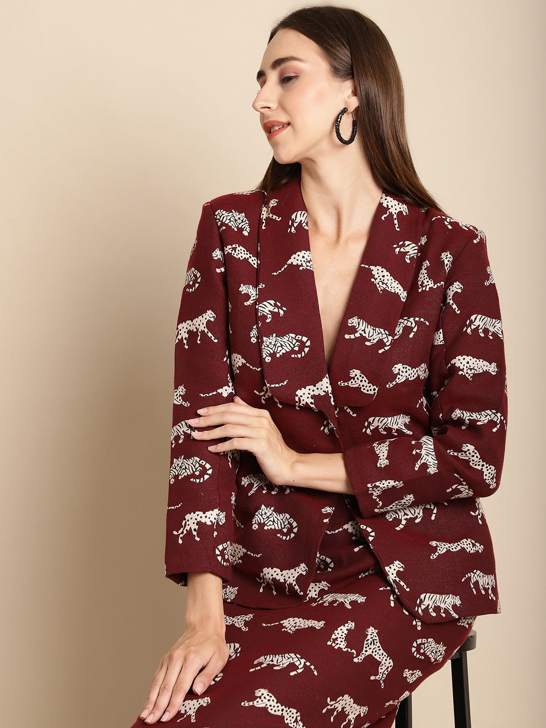 Blanc9 Maroon Tiger Patterned Coat With Long Skirt Co-Ord Set-B9ST02A