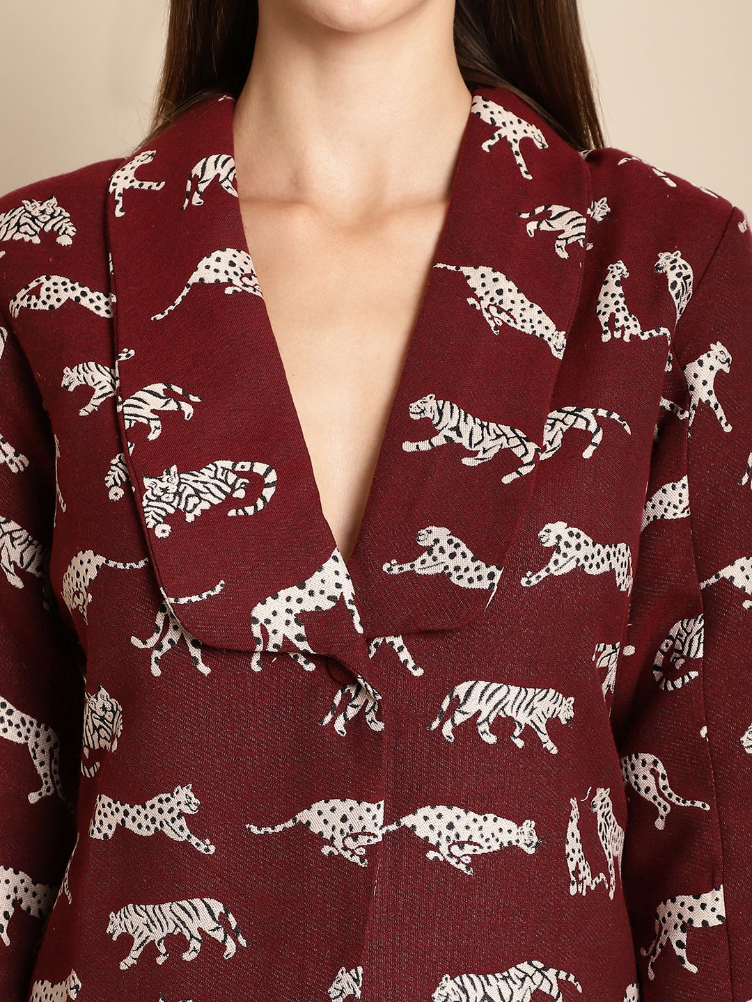 Blanc9 Maroon Tiger Patterned Coat With Long Skirt Co-Ord Set-B9ST02A