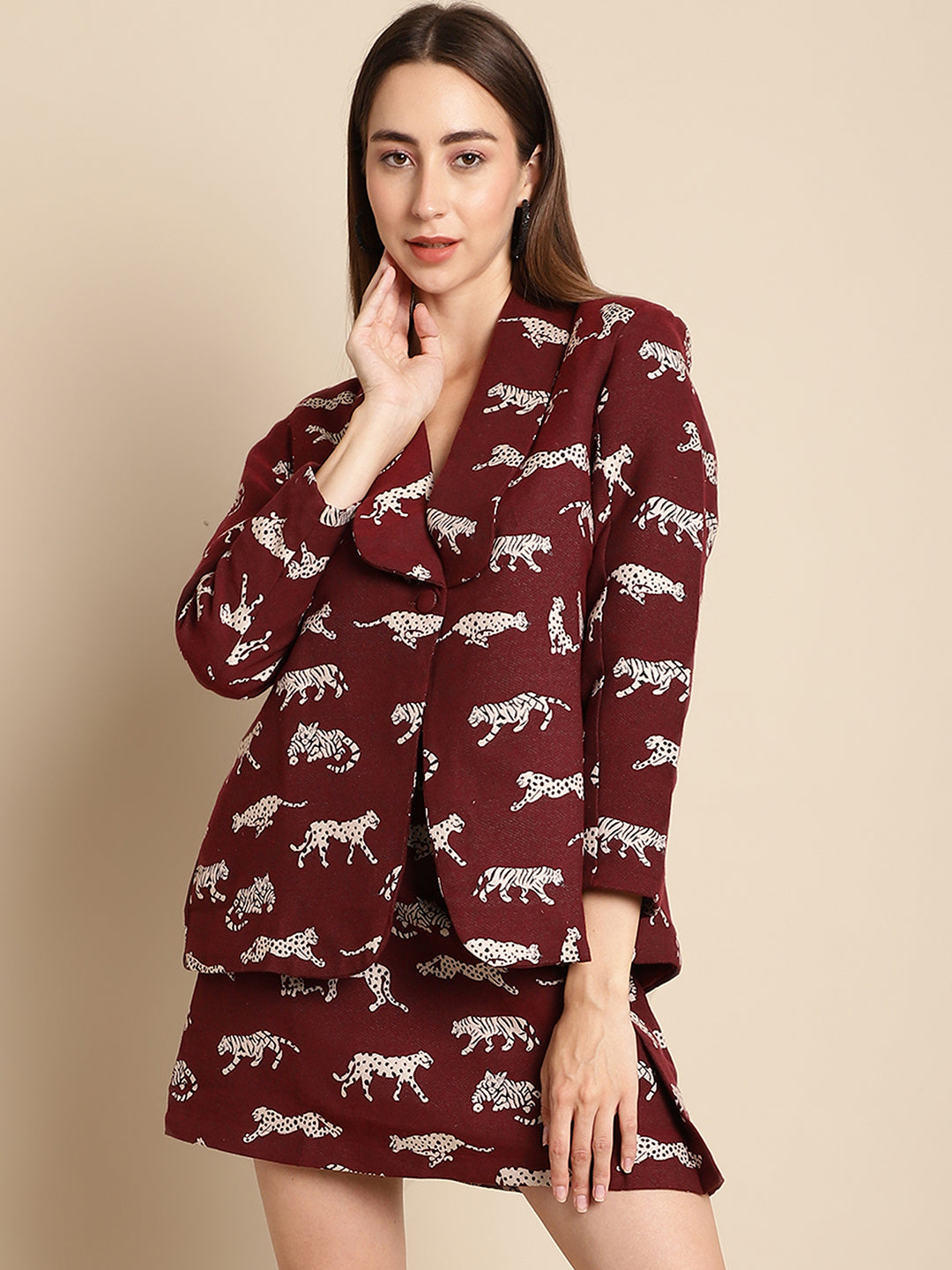 Blanc9 Maroon Tiger Patterned Coat With Skirt Co-Ord Set