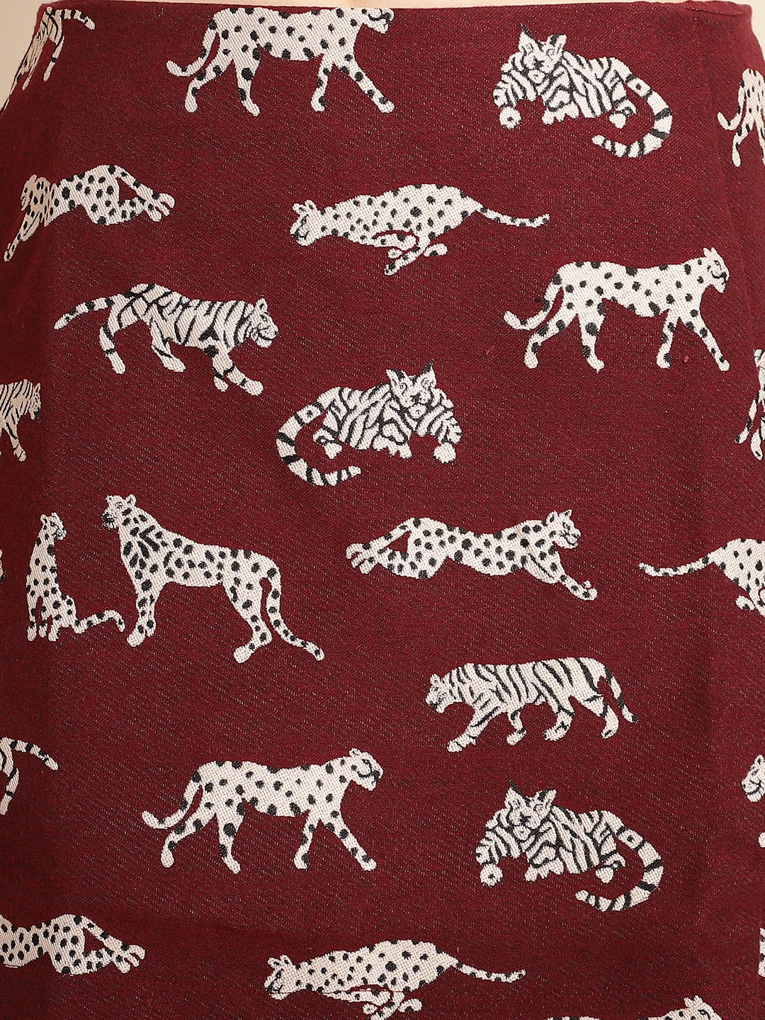 Blanc9 Maroon Tiger Patterned Coat With Skirt Co-Ord Set